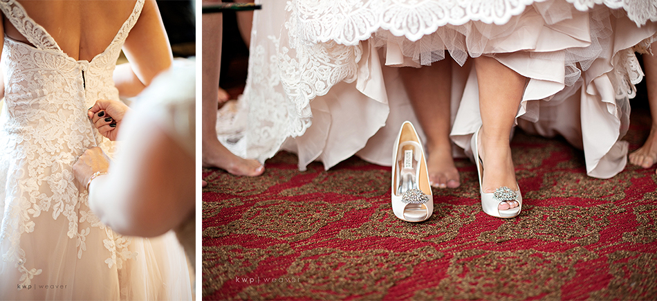 bride putting on shoes 