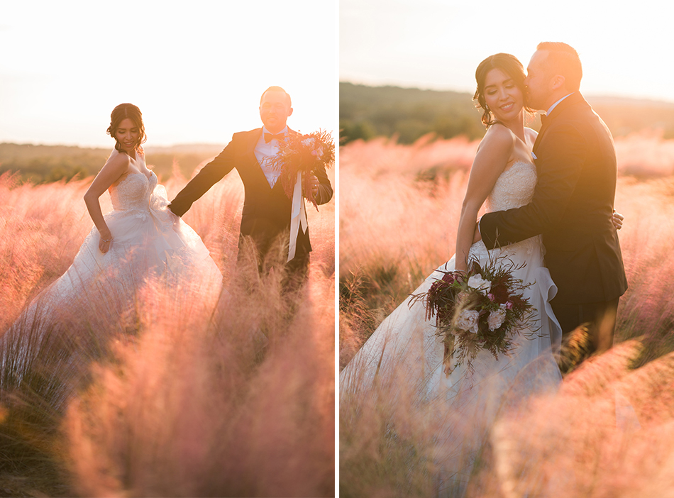 romantic fields bride and groom