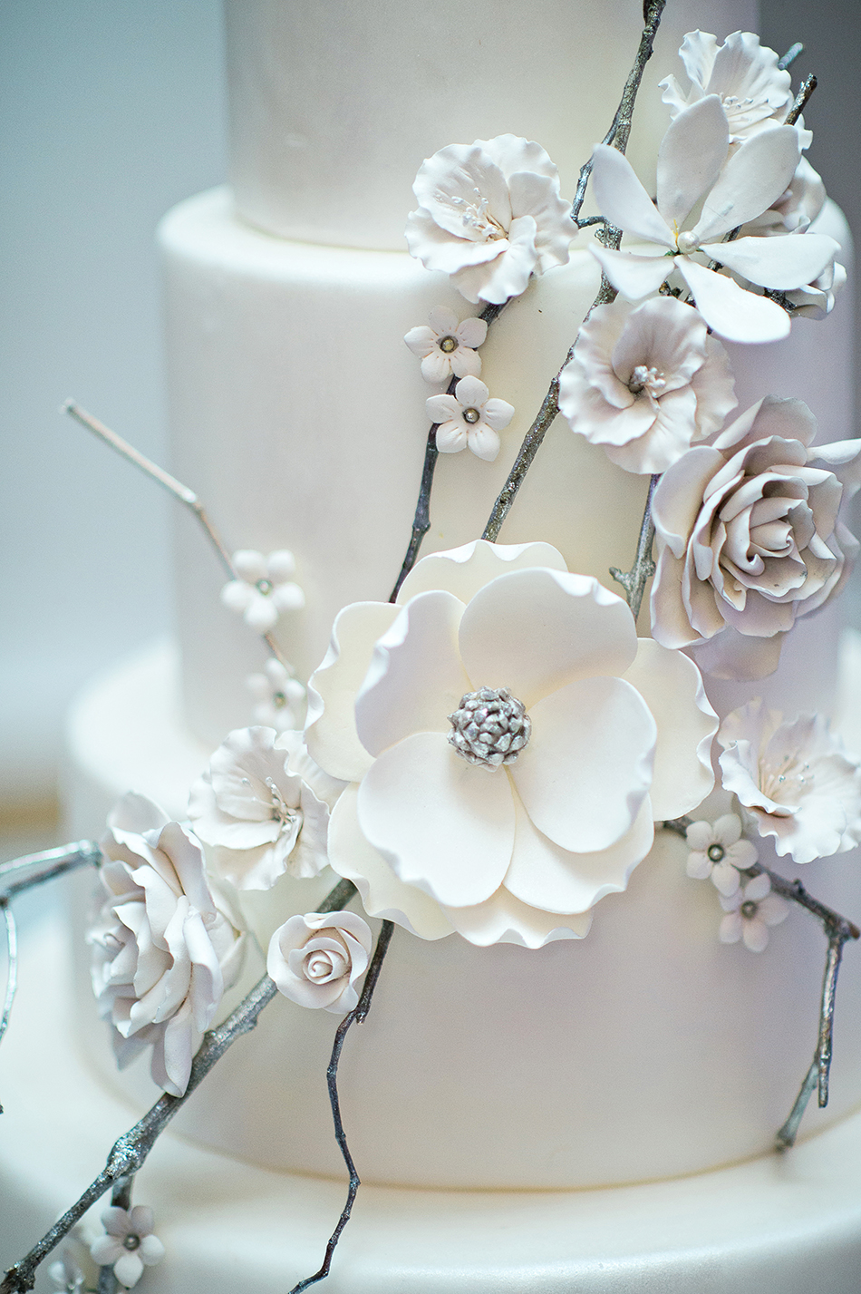 silver and white winter wedding cake
