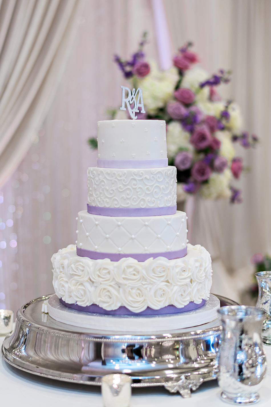 purple and white glamorous wedding cake