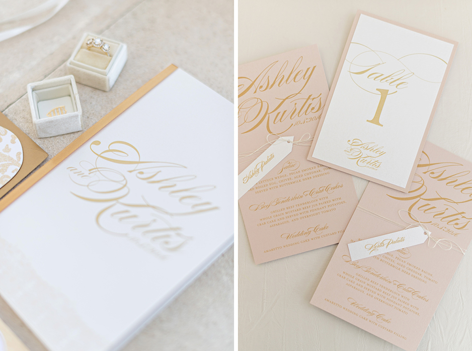 Blush and gold wedding menu and programs