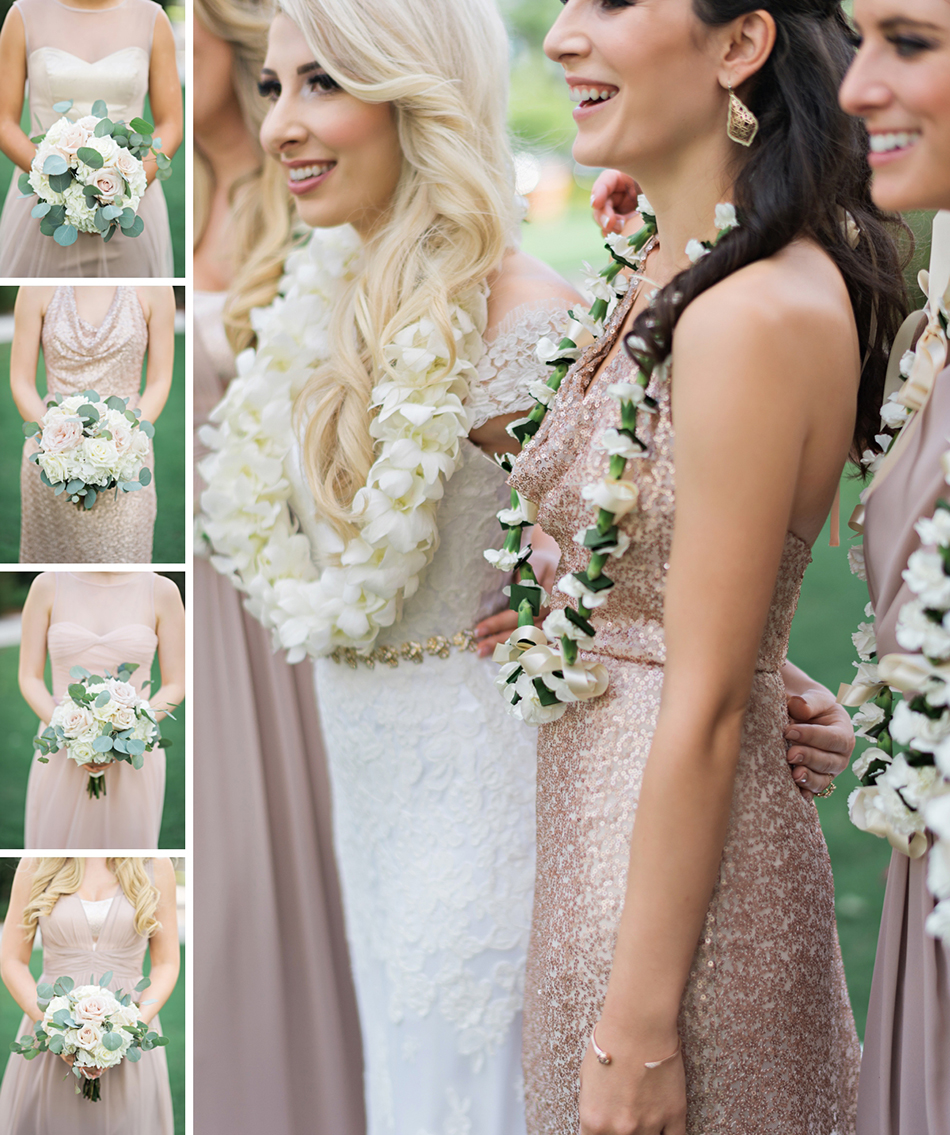 Blush wedding dress and bridesmaids dresses