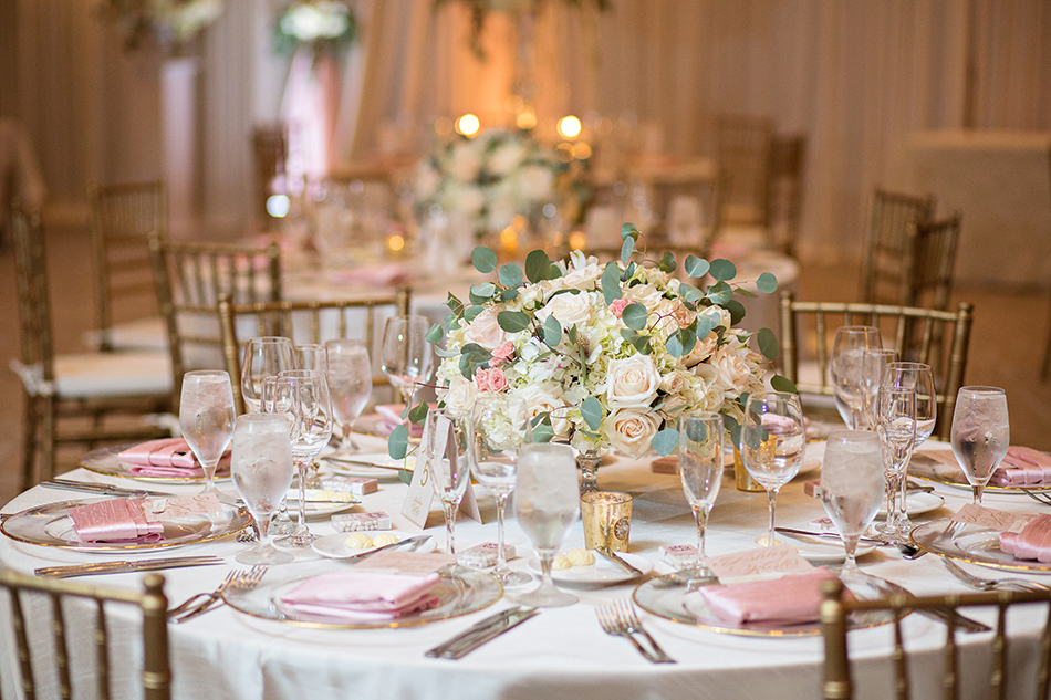 Blush and gold wedding reception details