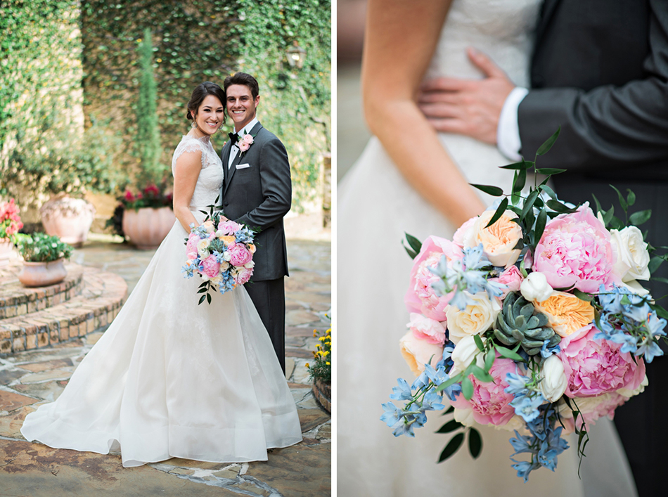 Summer wedding bouquet with succulents and pastel pink and blue colors