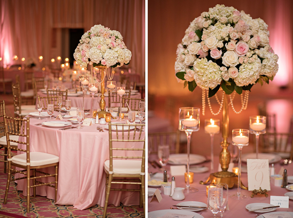 Pink and gold luxury ballroom reception at walt disney world