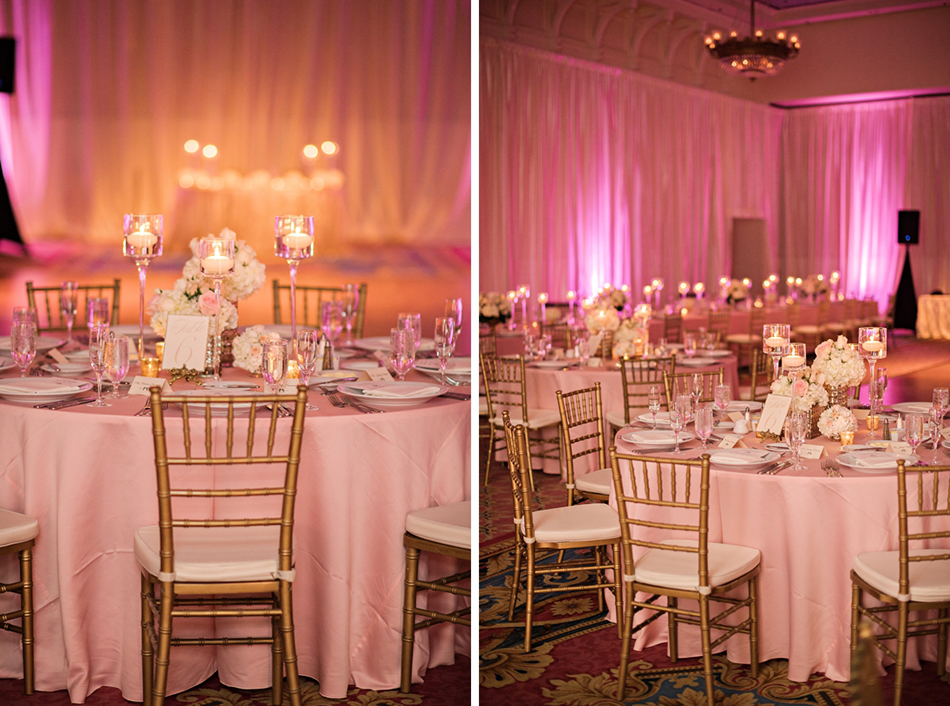 Pink and gold luxury ballroom reception at the Boardwalk Resort in Disney