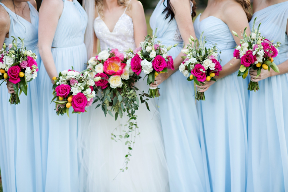 blue bridesmaids dresses and beautiful bouquets