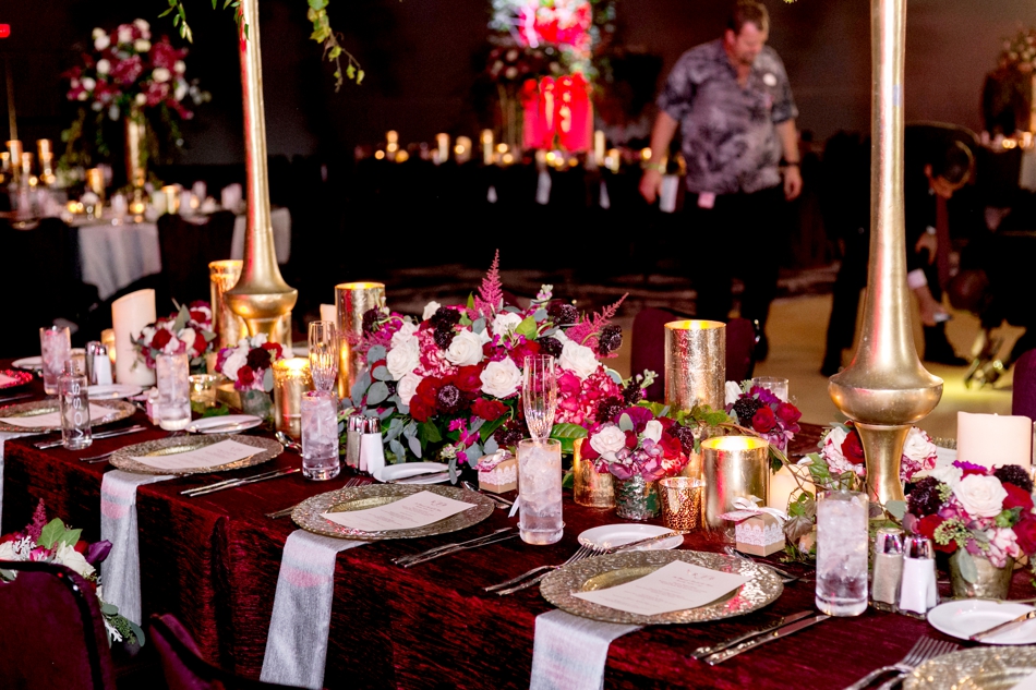 modern red and burgundy reception