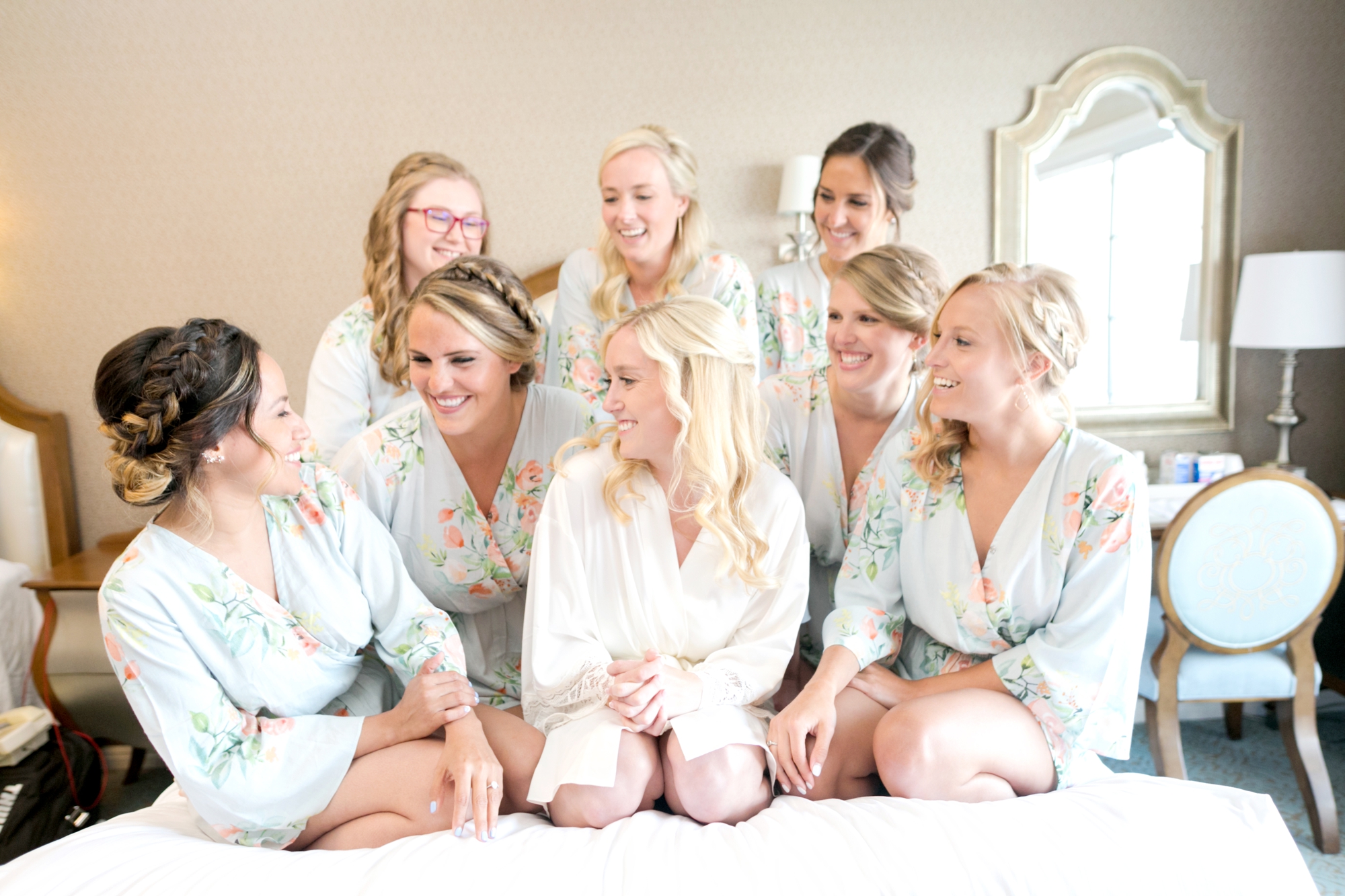 bridesmaids in blue robes 