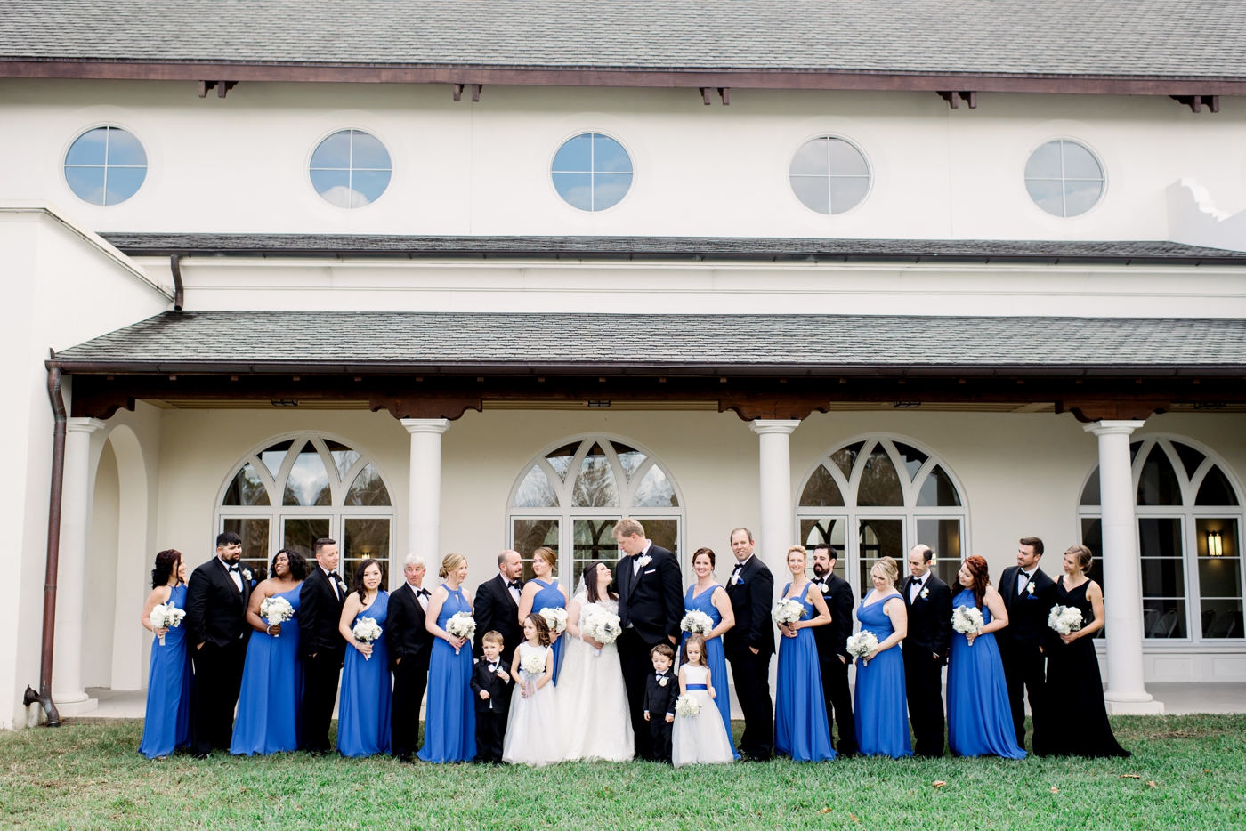 blue and white bridal party