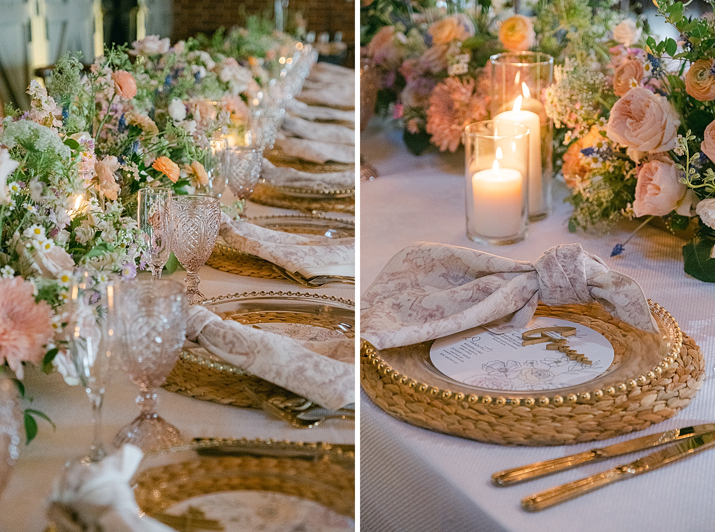 pastel flowers and golds wedding decor
