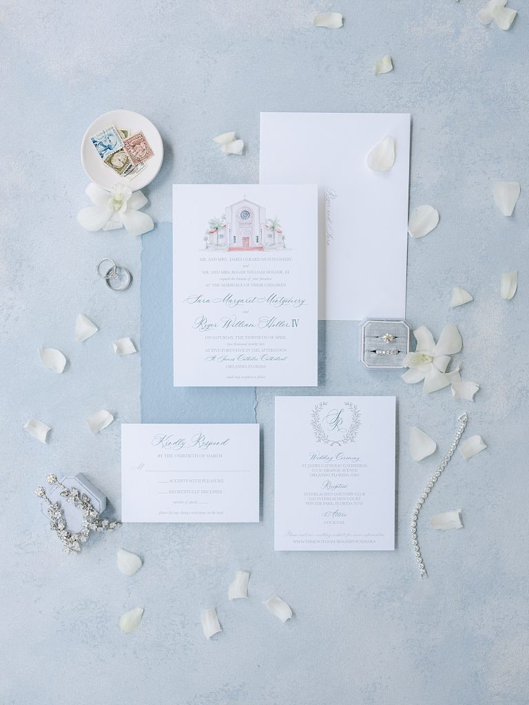 classic blue and white wedding invitations