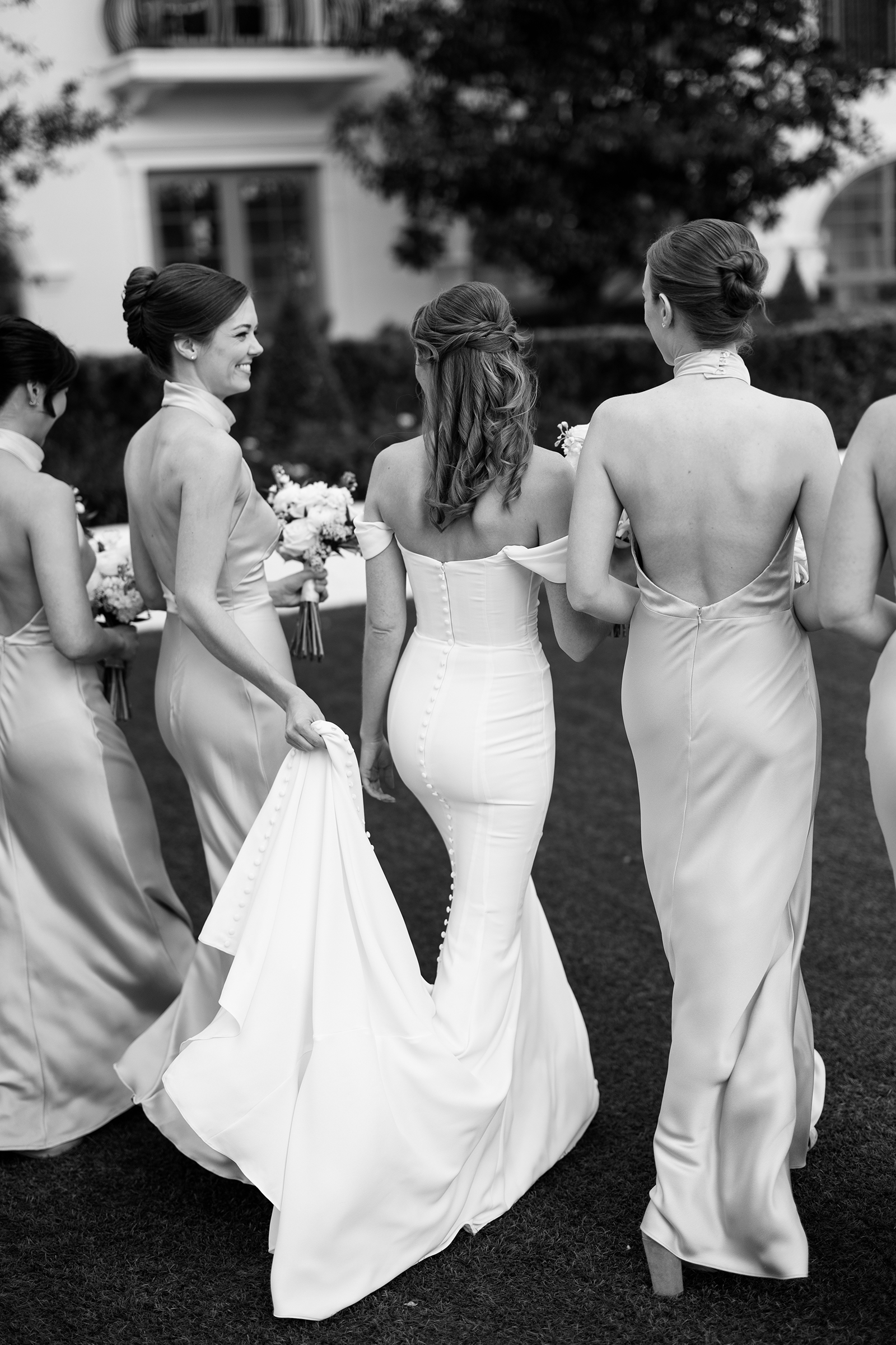 black and white portrait of bride and bridesmaids