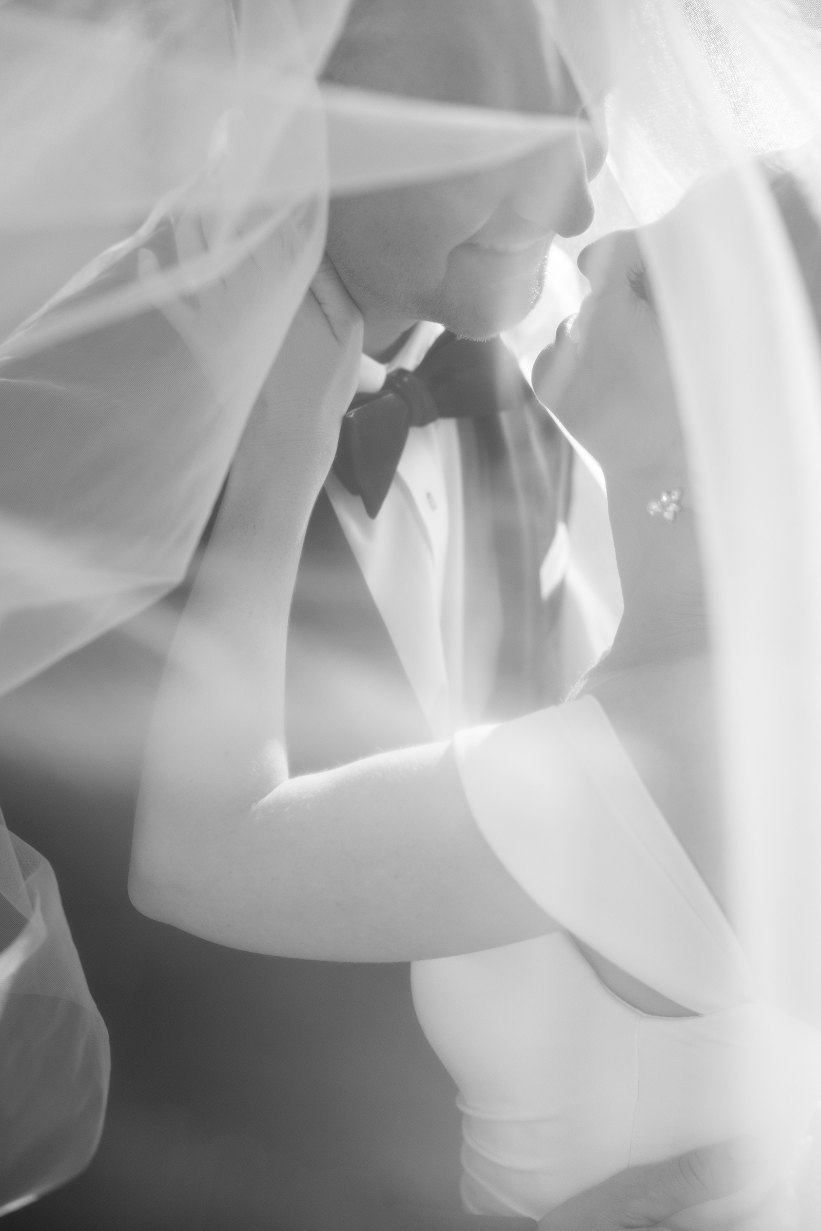 black and white portrait of bride and groom at St. James Cathedral