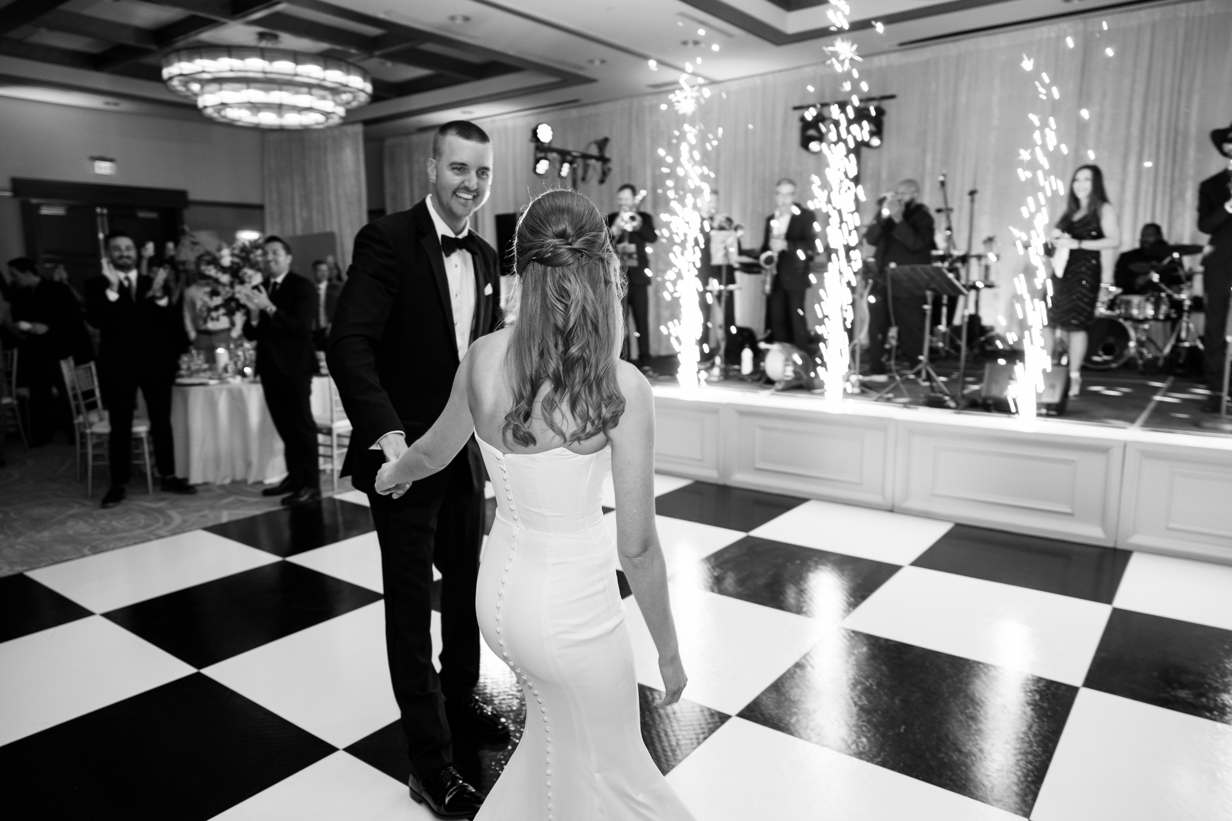 black and white portrait of bride and groom at reception