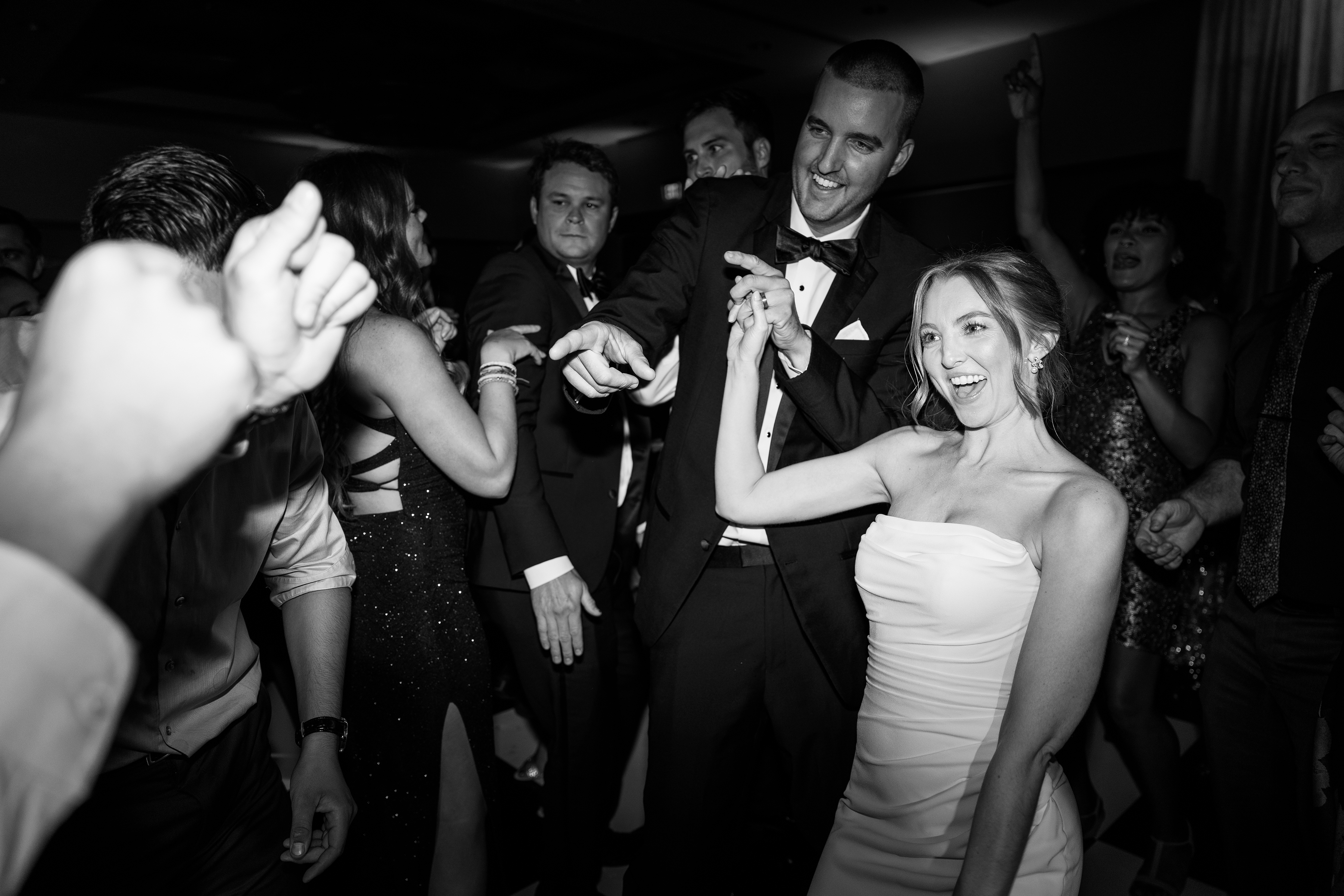 black and white portrait of bride and groom at reception