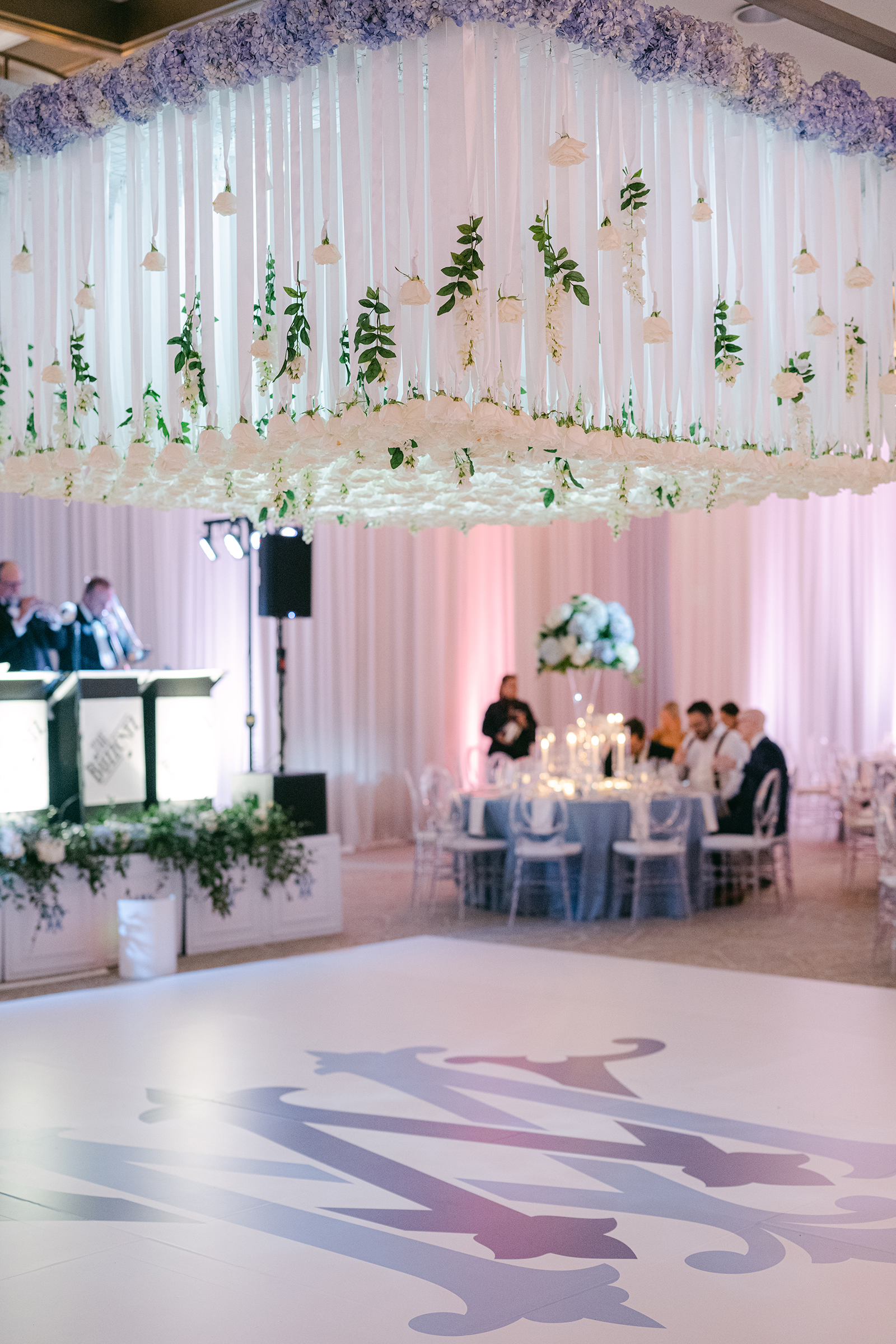 floral chandelier wedding reception