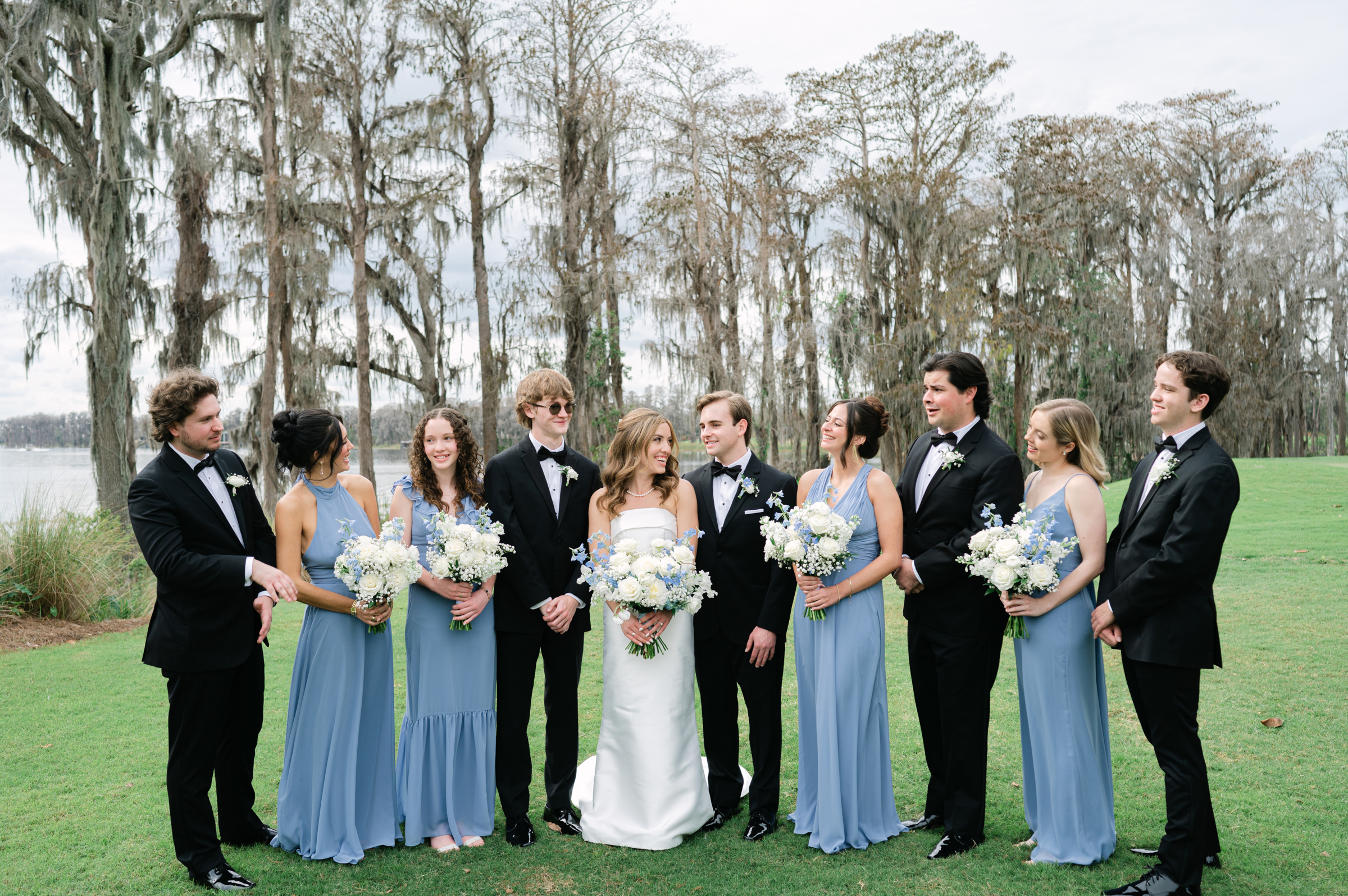 wedding party in blue and white