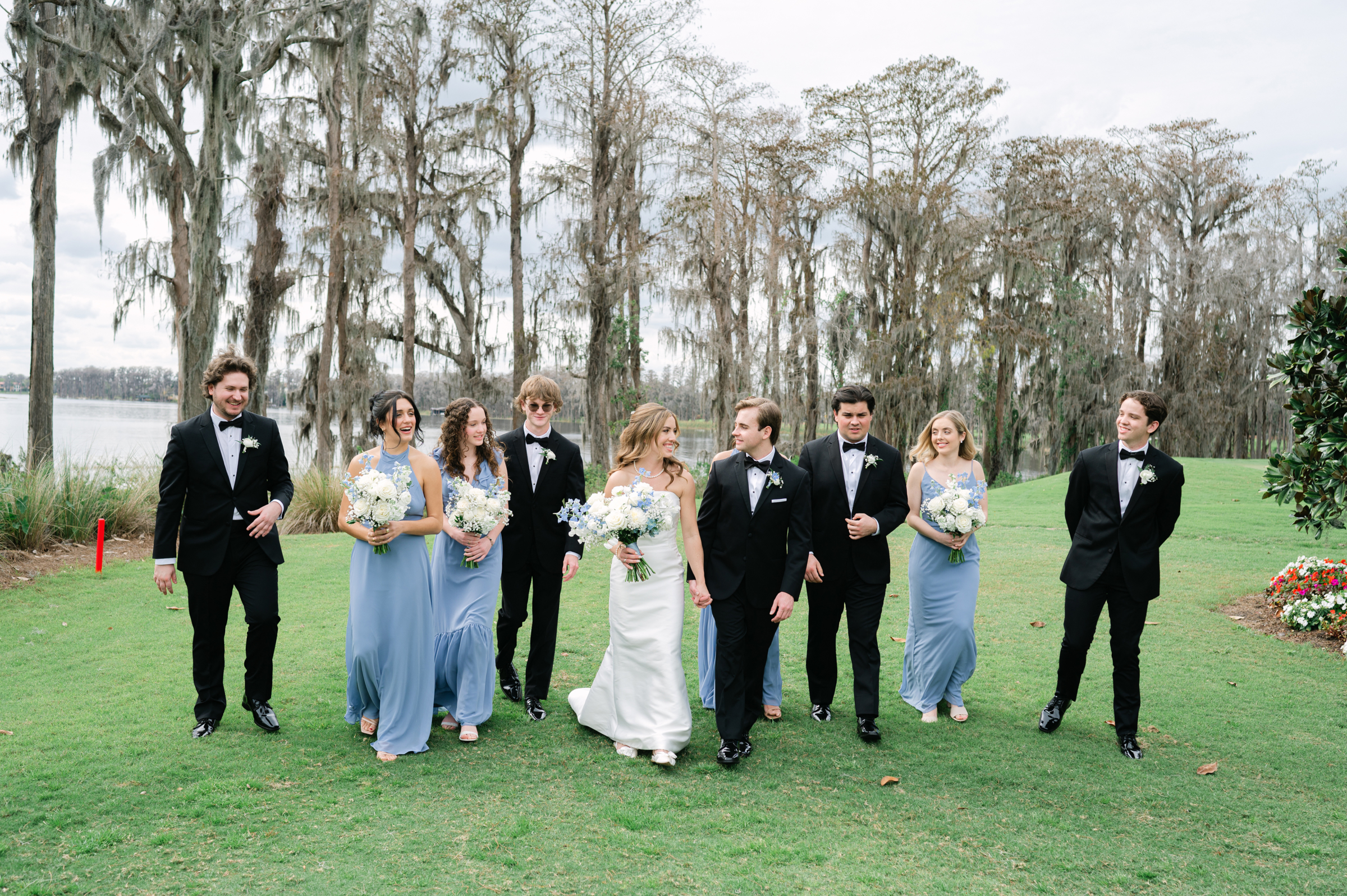 wedding party in blue and white