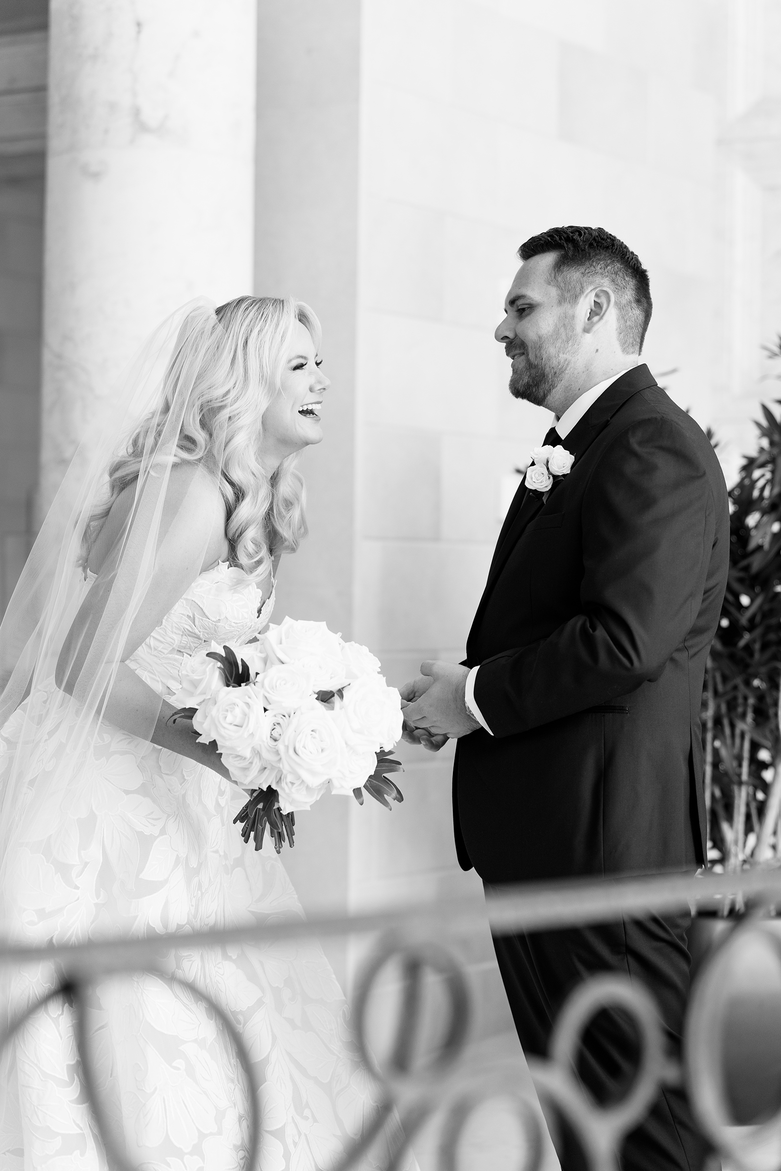 black and white bride and groom's first look picture