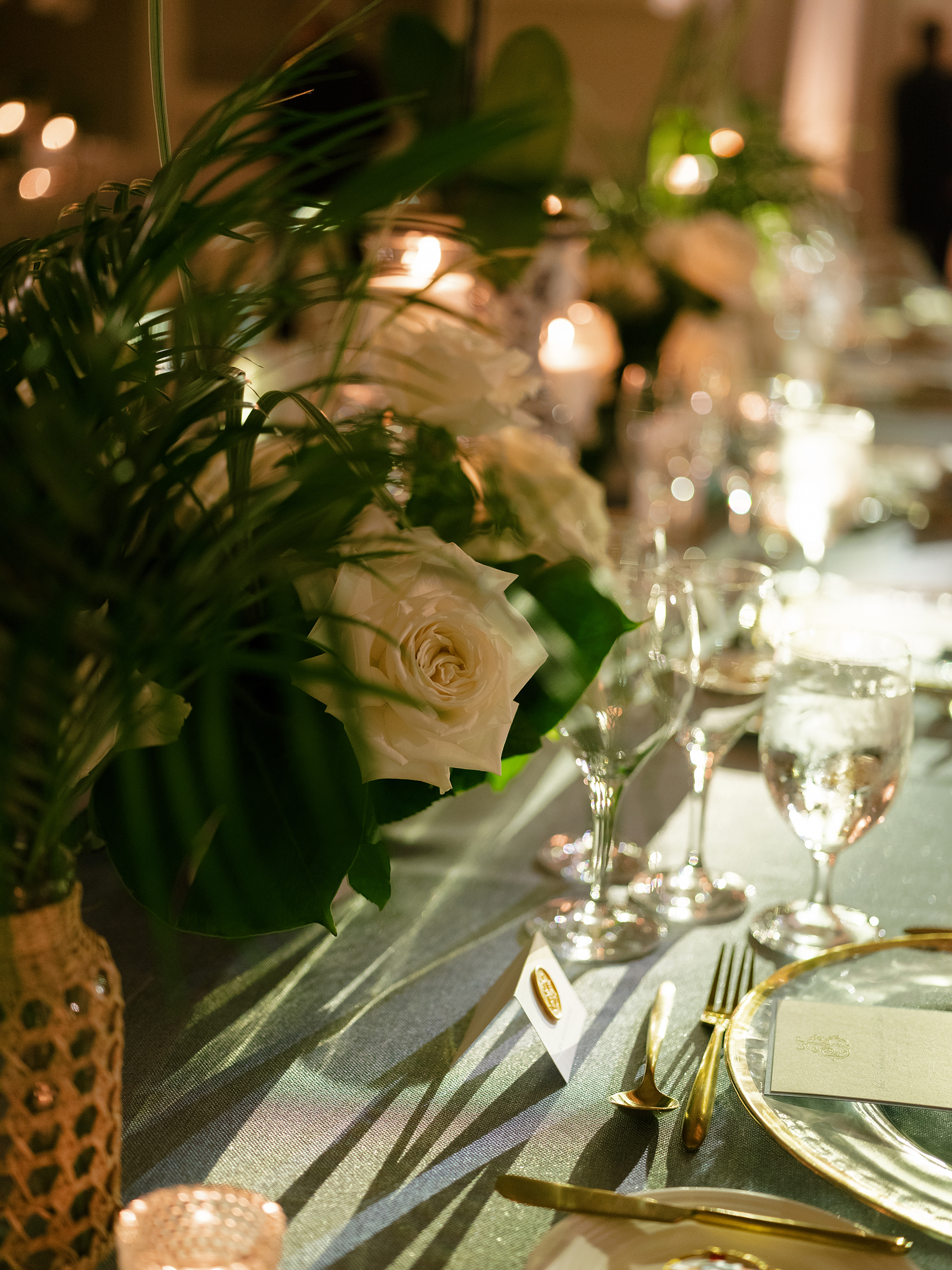 tropical tablescape details at wedding reception