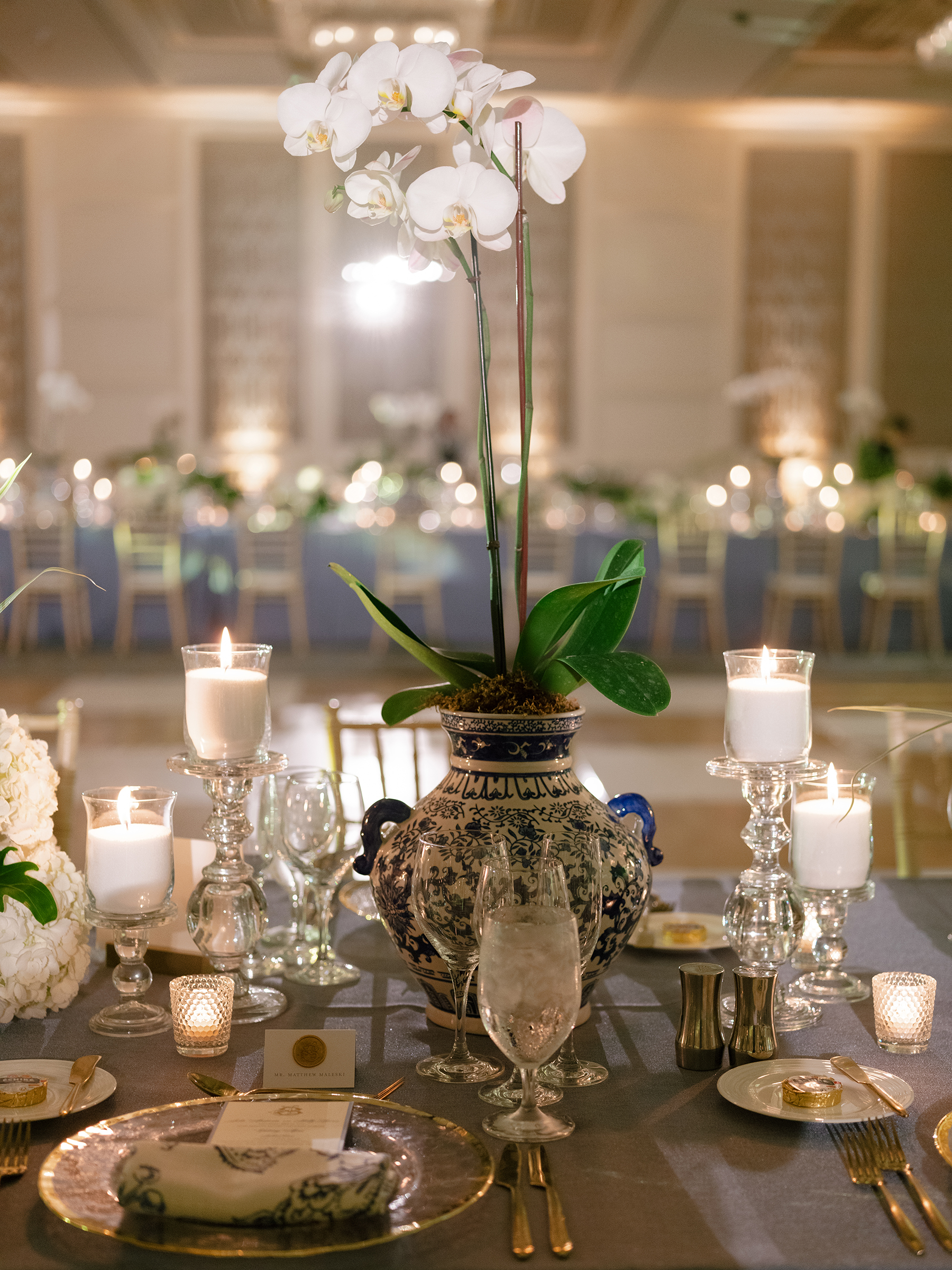 tropical and elegant tablescape details at wedding reception