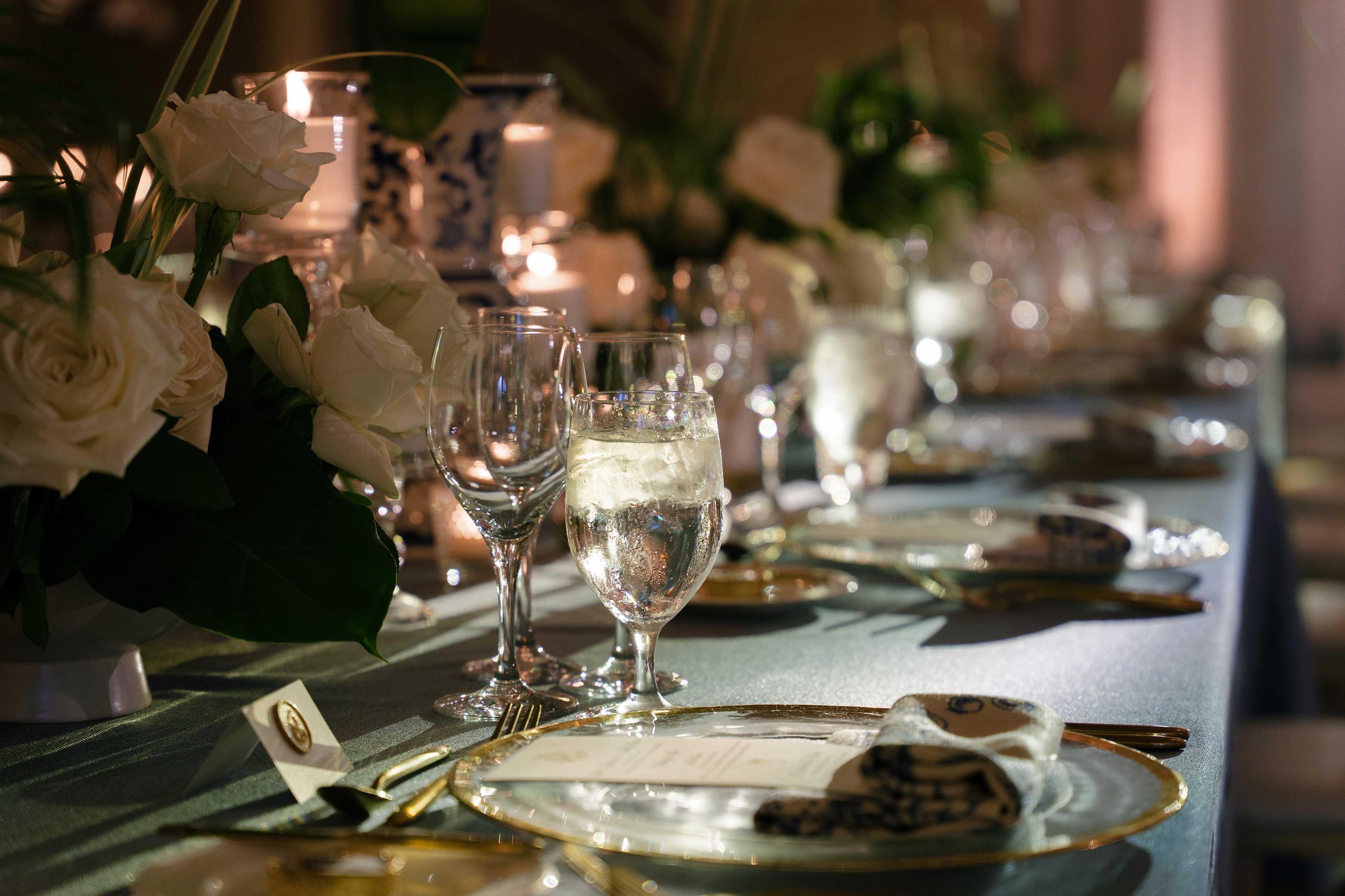 tropical and elegant tablescape details at wedding reception