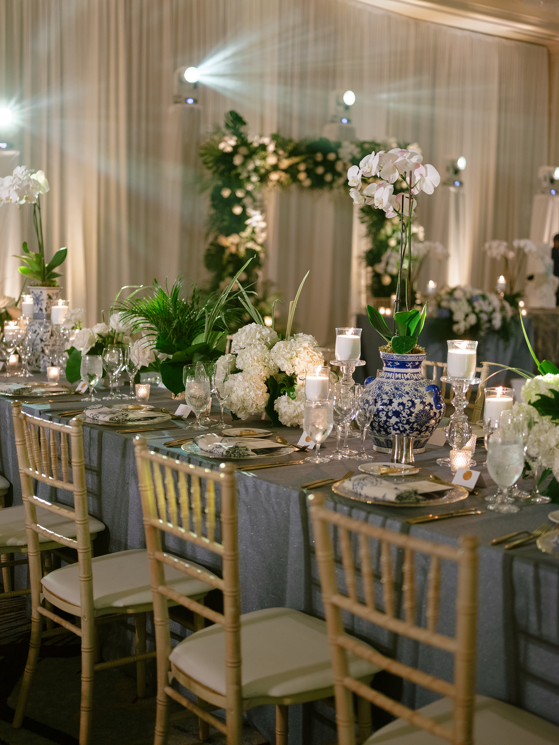 tropical and elegant tablescape details at wedding reception
