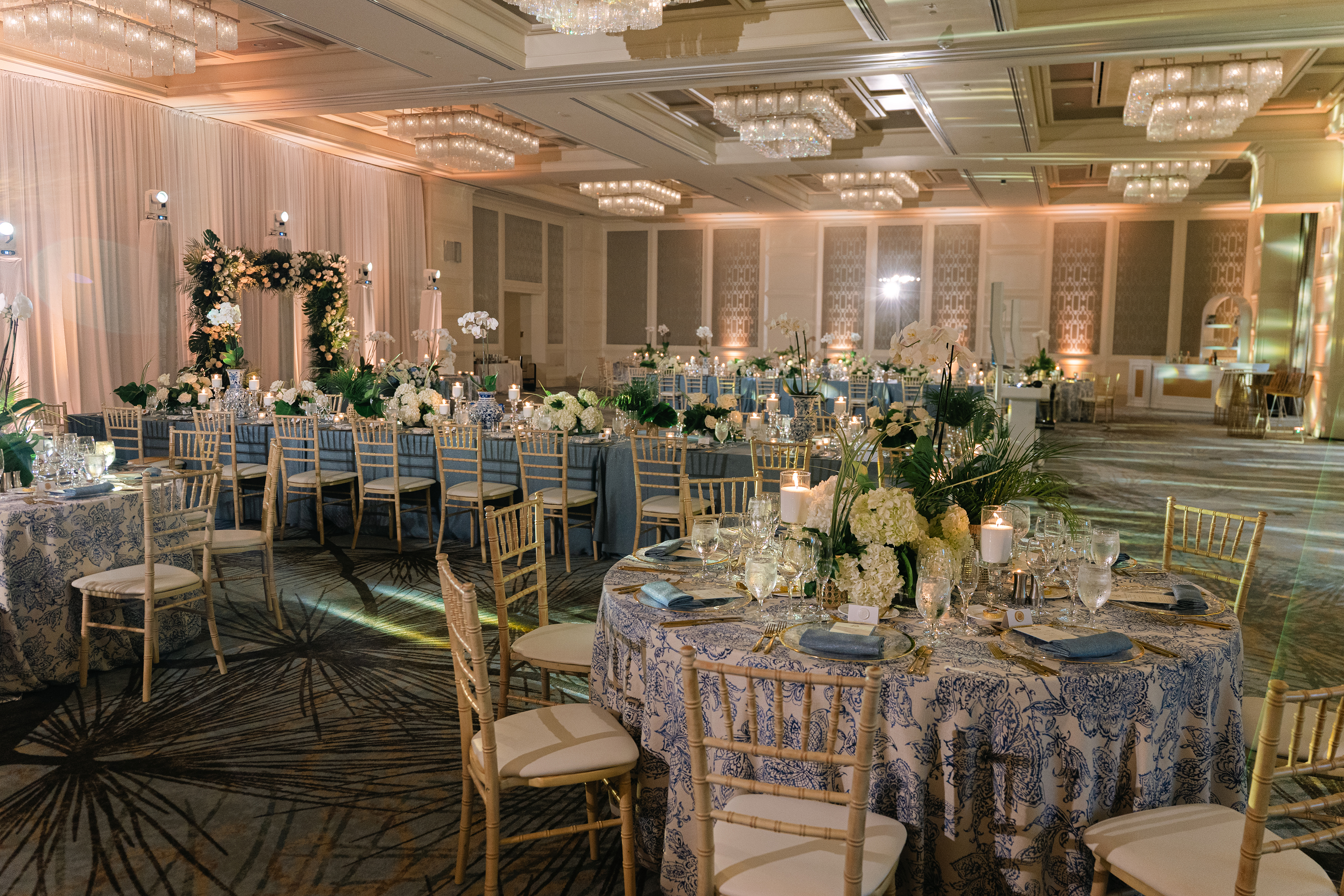 tropical and elegant tablescape details at wedding reception