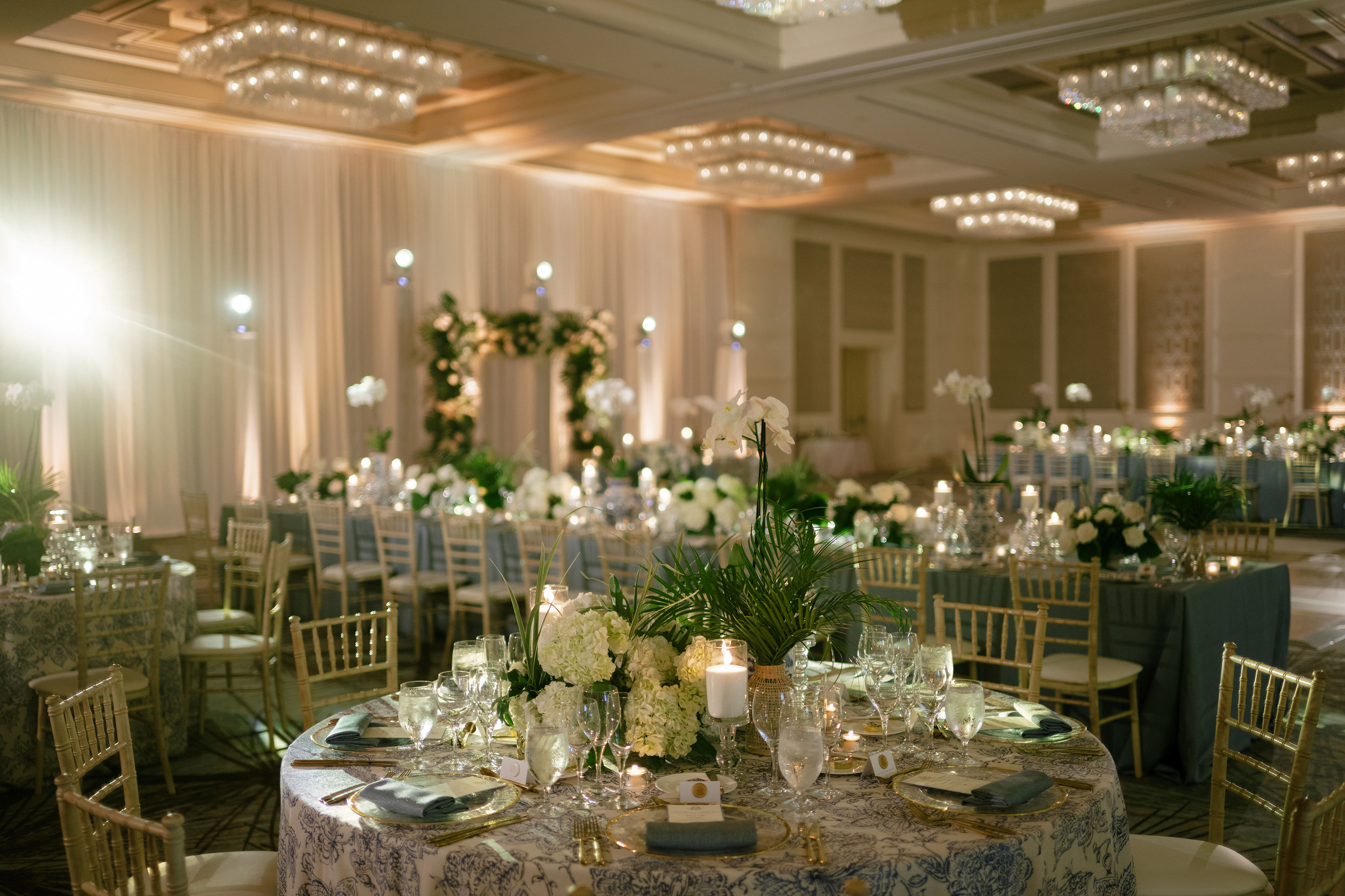 tropical and elegant tablescape details at wedding reception