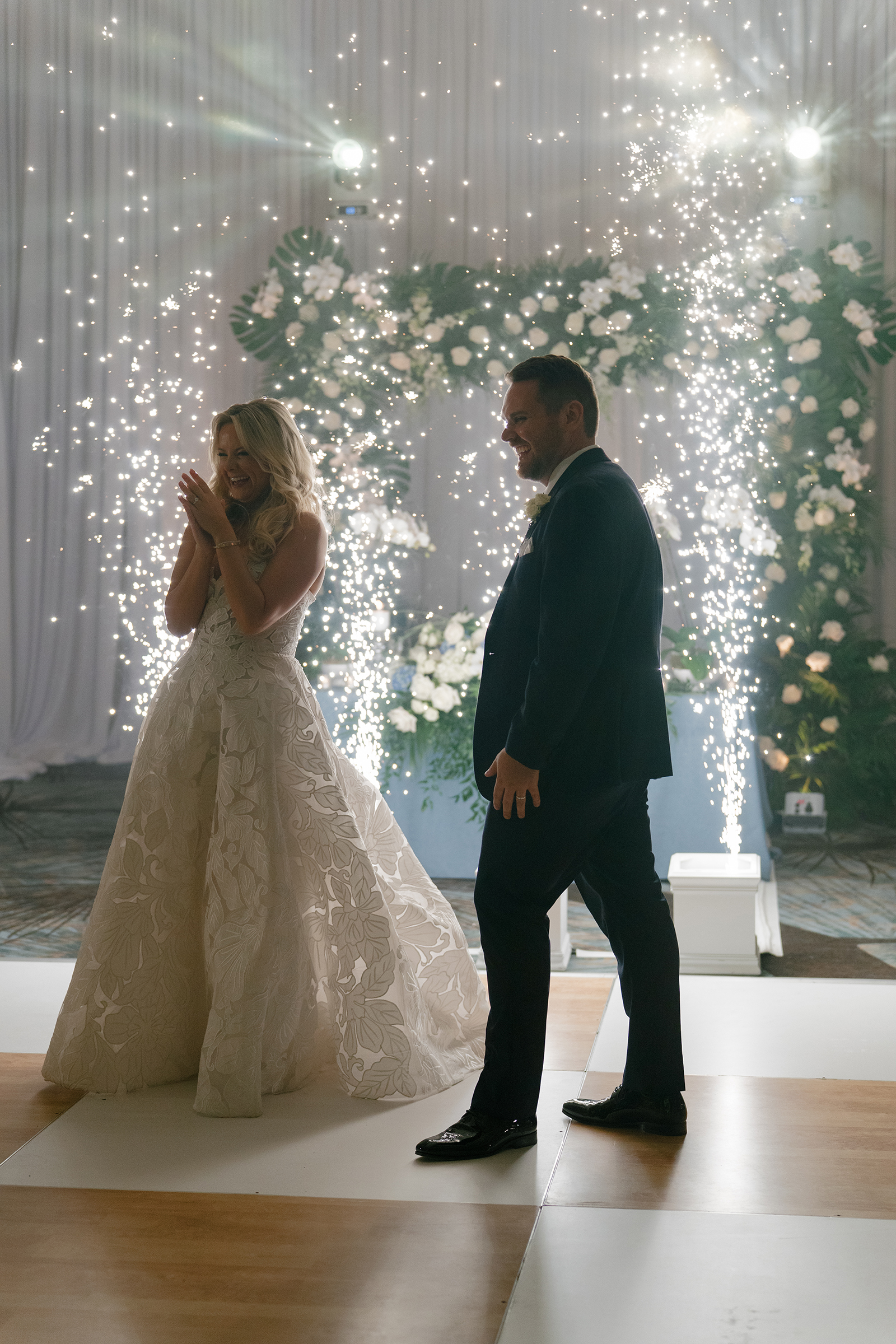 picture of bride and groom's first look at reception