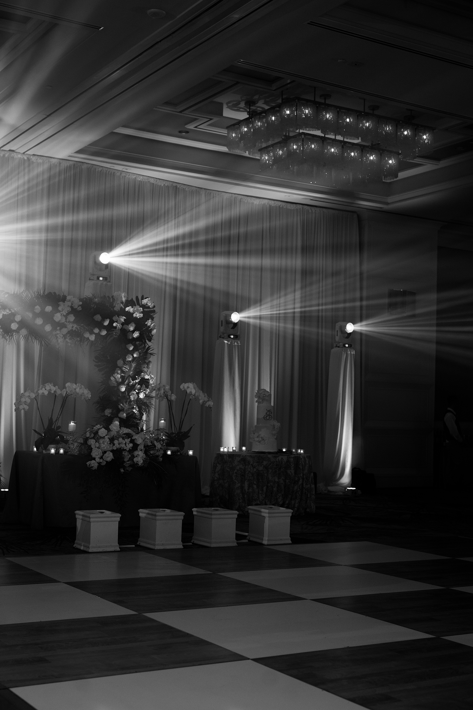 black and white picture of wedding reception space