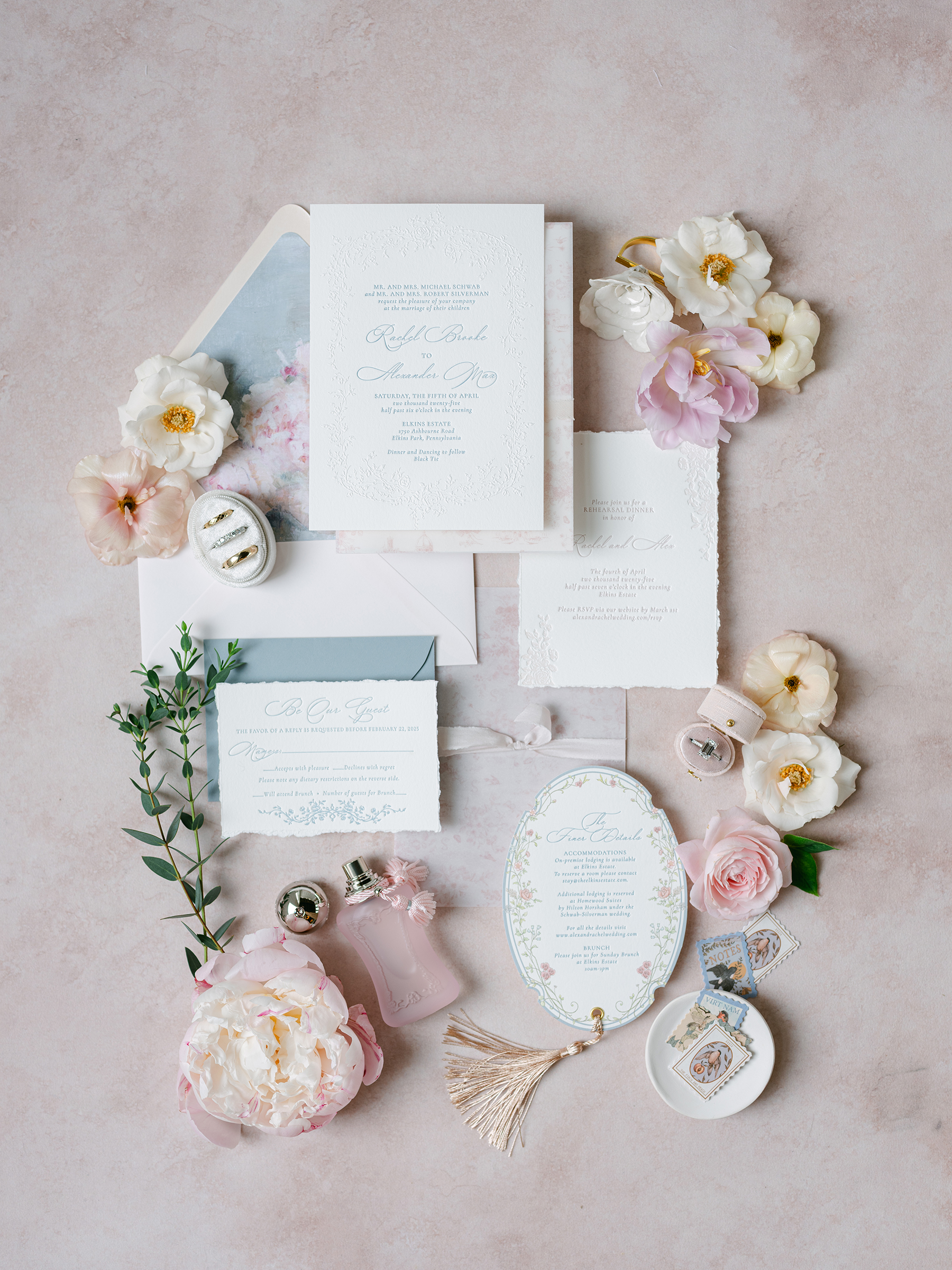 pink, white, muted blue details for wedding flat lays