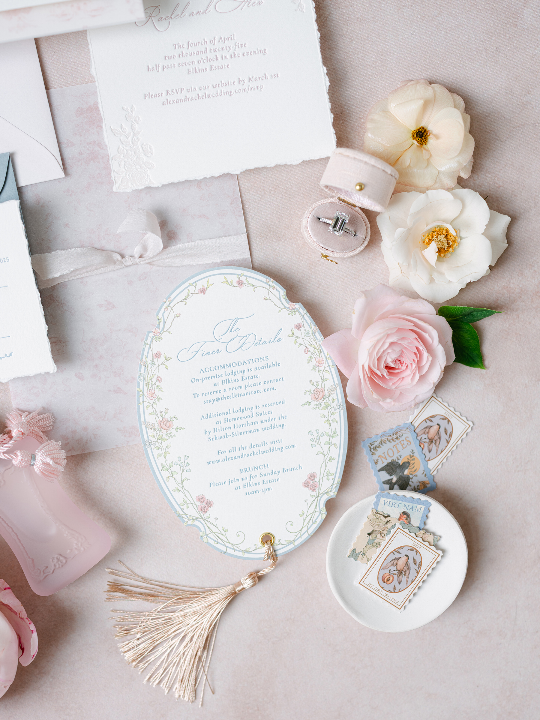 pink, white, muted blue details for wedding flat lays