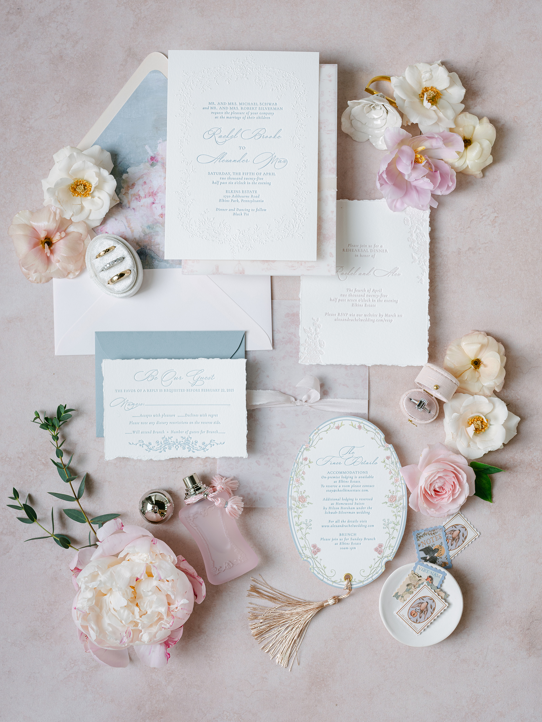 pink, white, muted blue details for wedding flat lays