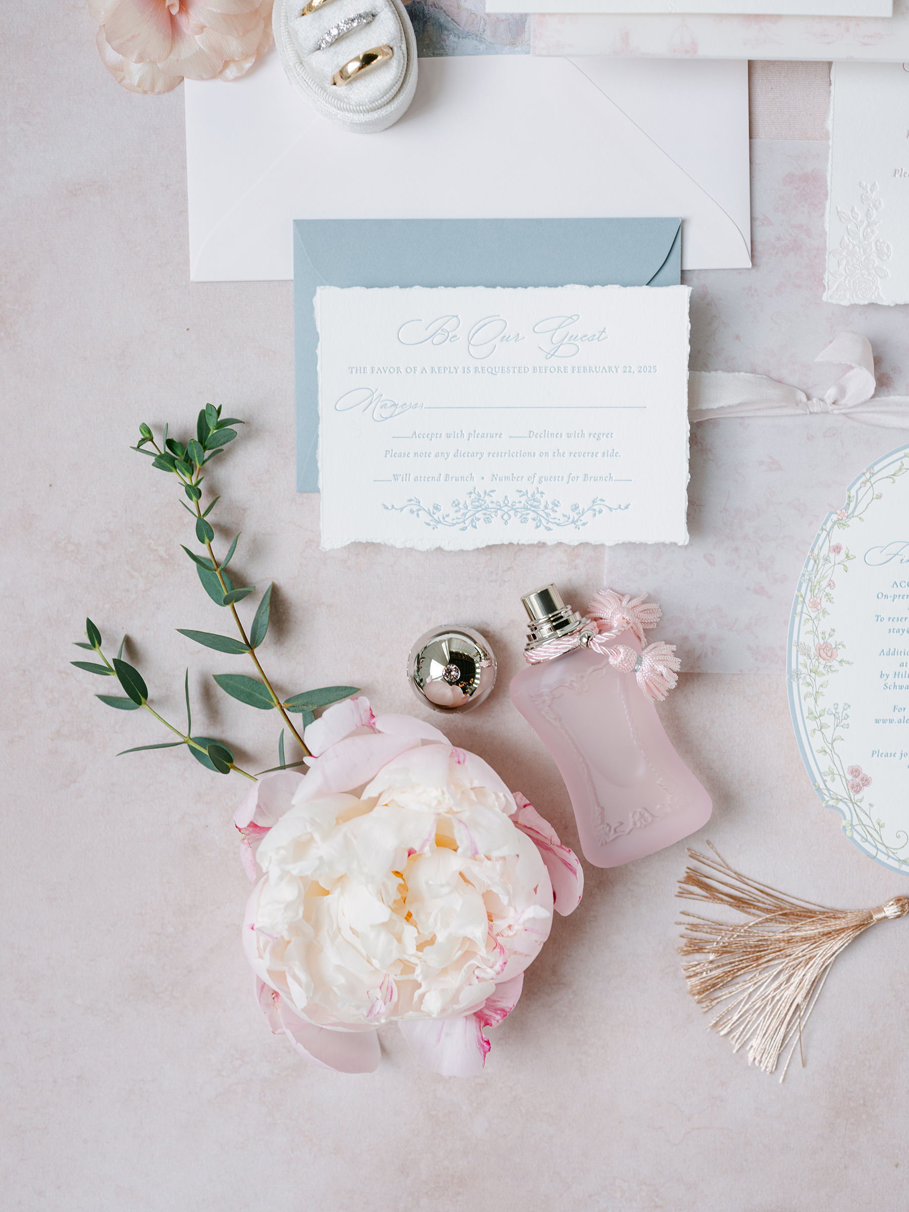 pink, white, muted blue details for wedding flat lays