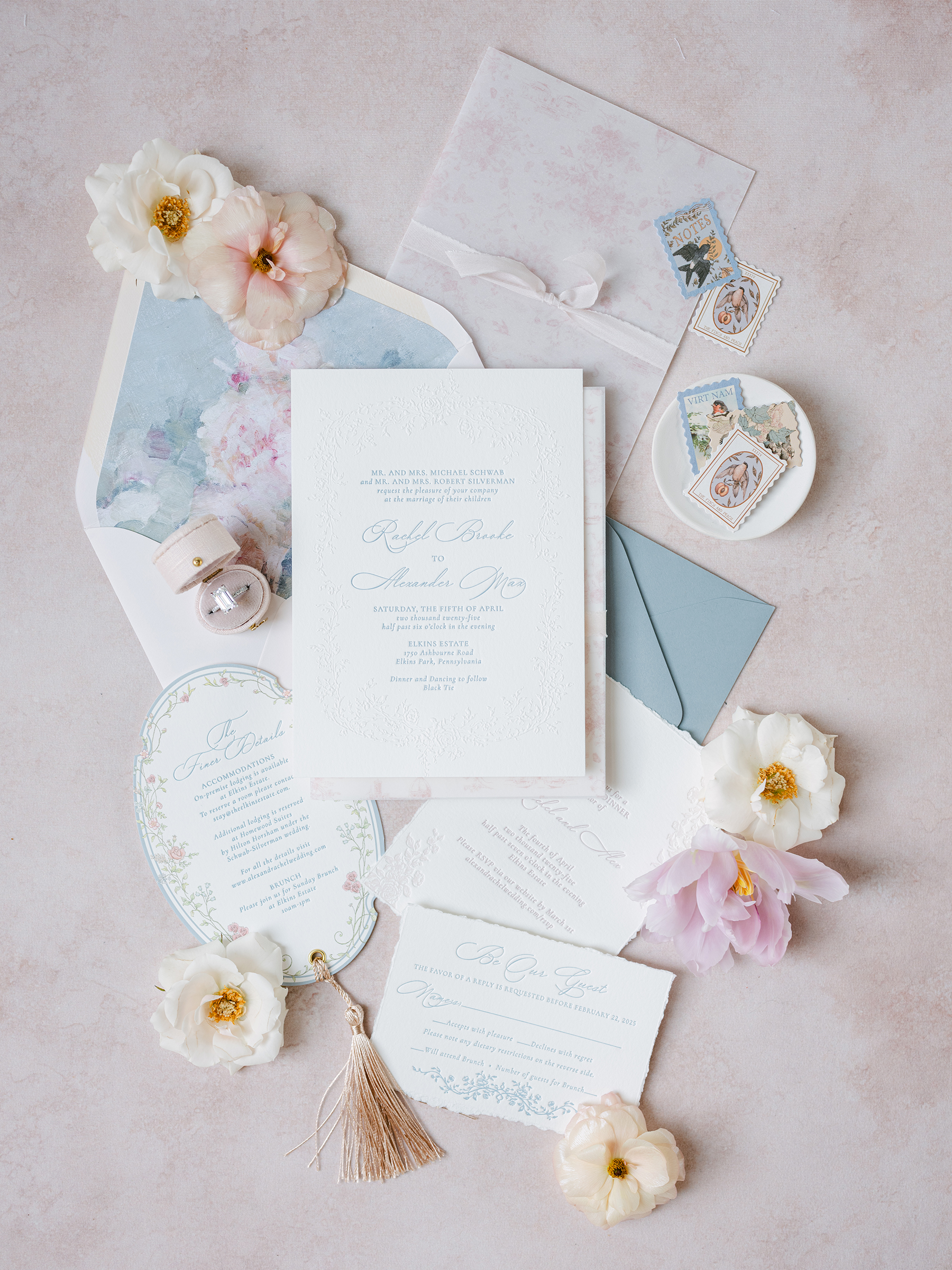 pink, white, muted blue details for wedding flat lays
