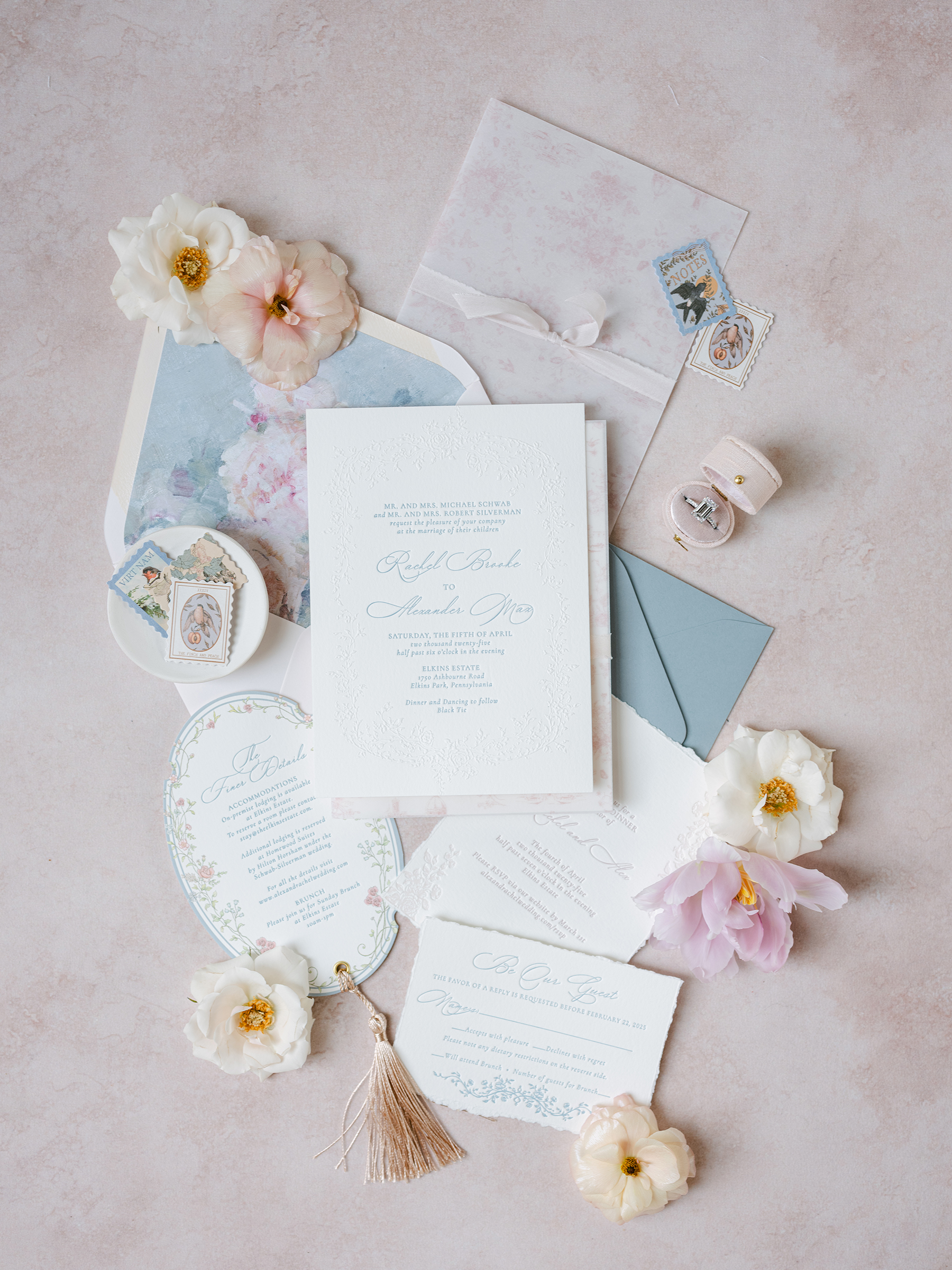 pink, white, muted blue details for wedding flat lays
