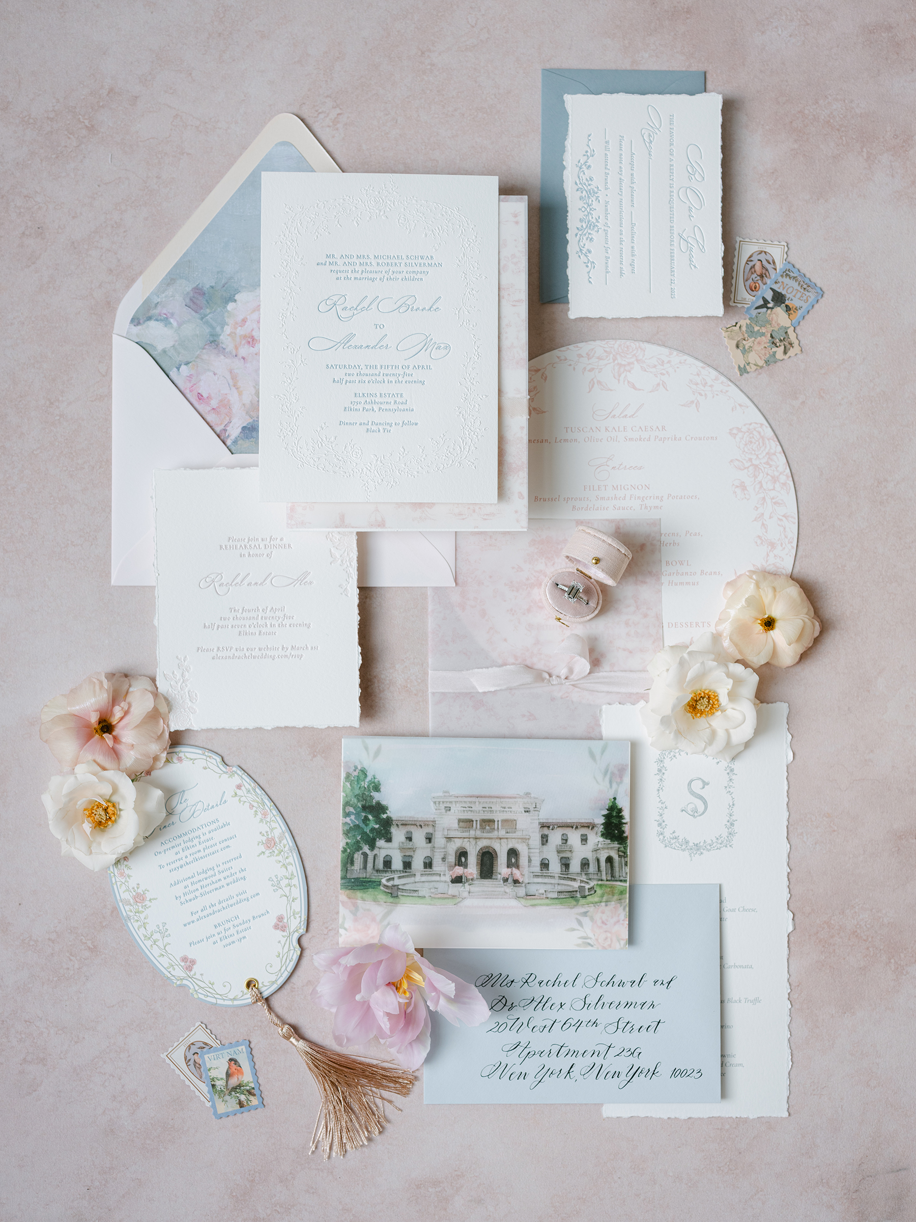 pink, white, muted blue details for wedding flat lays