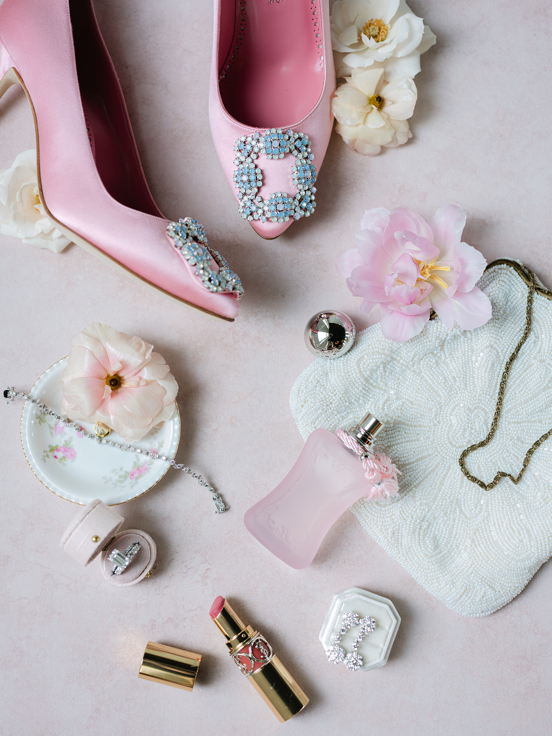 pink and neutral bridal flat-lays