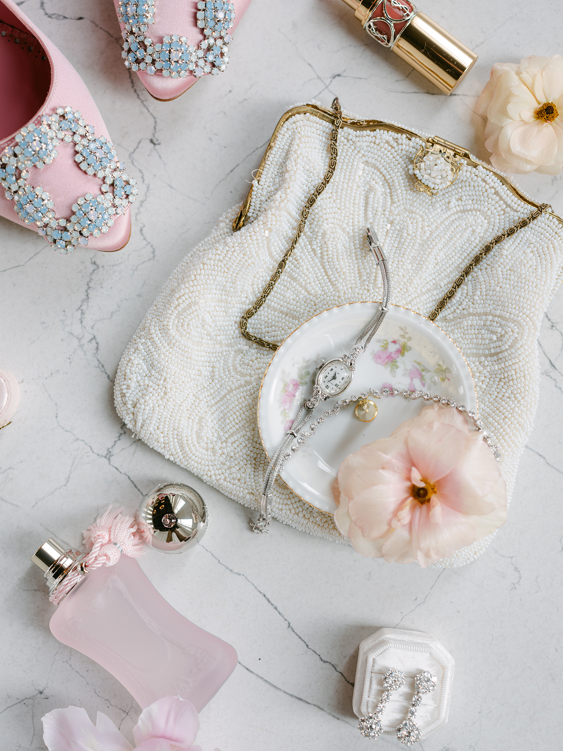 pink and neutral bridal flat-lays