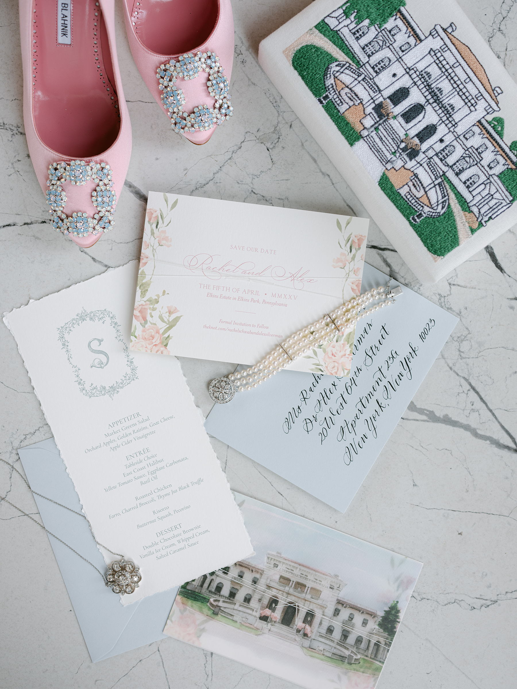 muted blue, neutral, and baby pink wedding flat-lays