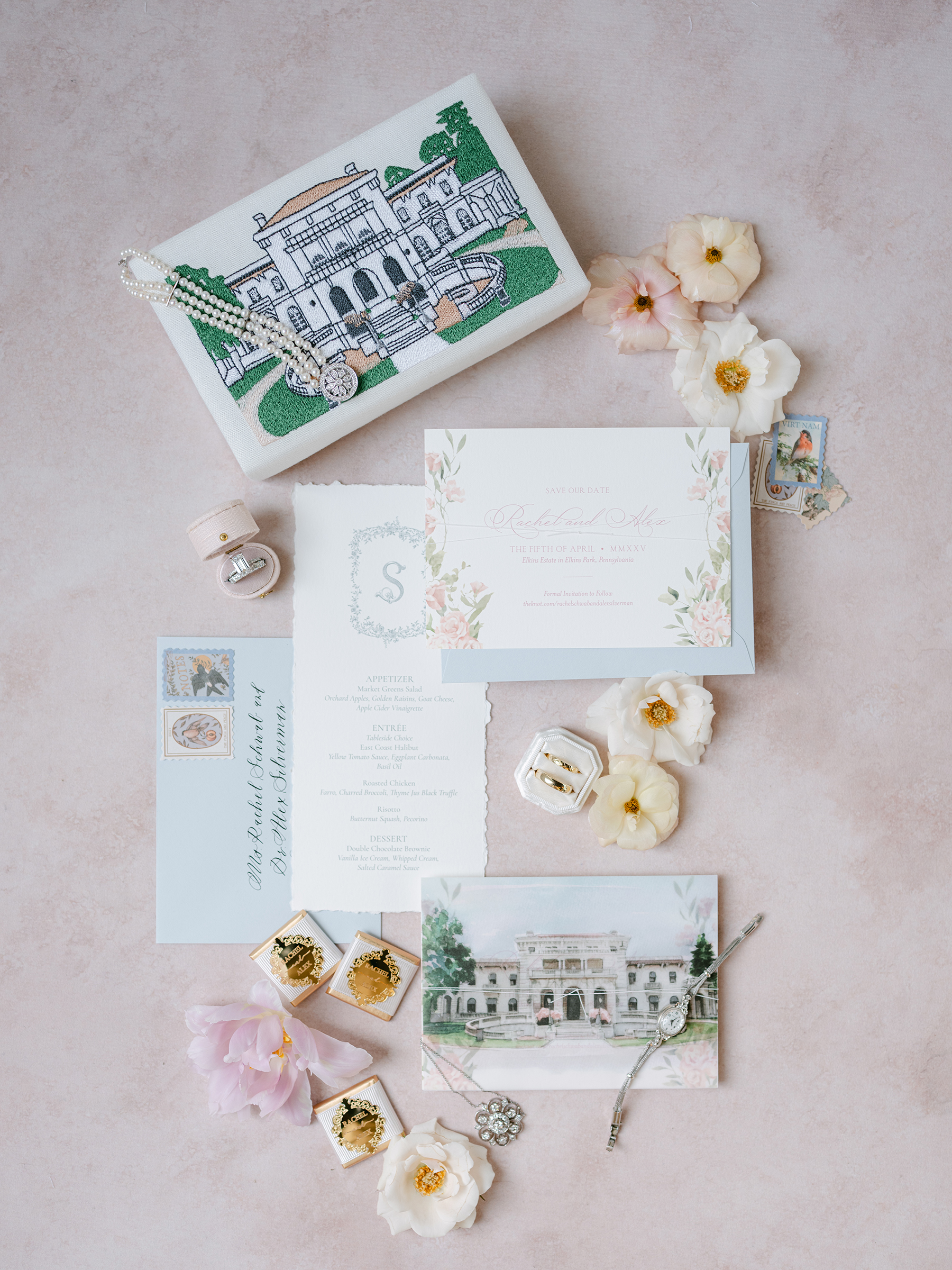 muted blue, neutral, and baby pink wedding flat-lays