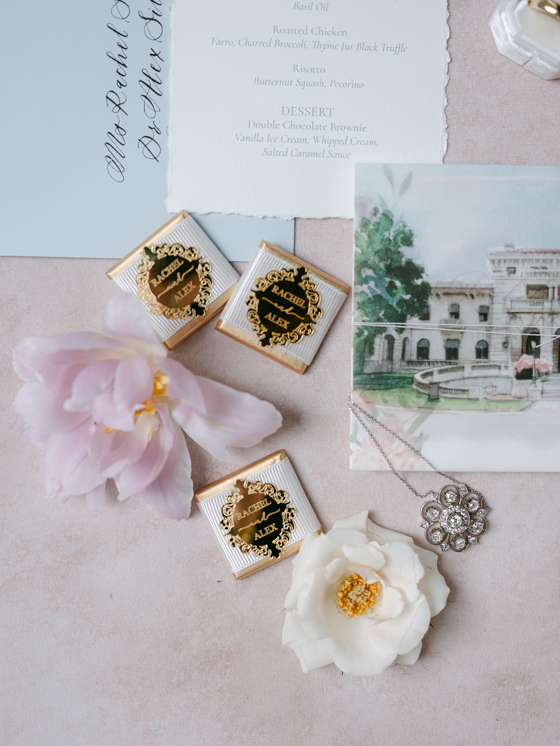 muted blue, neutral, and baby pink wedding flat-lays