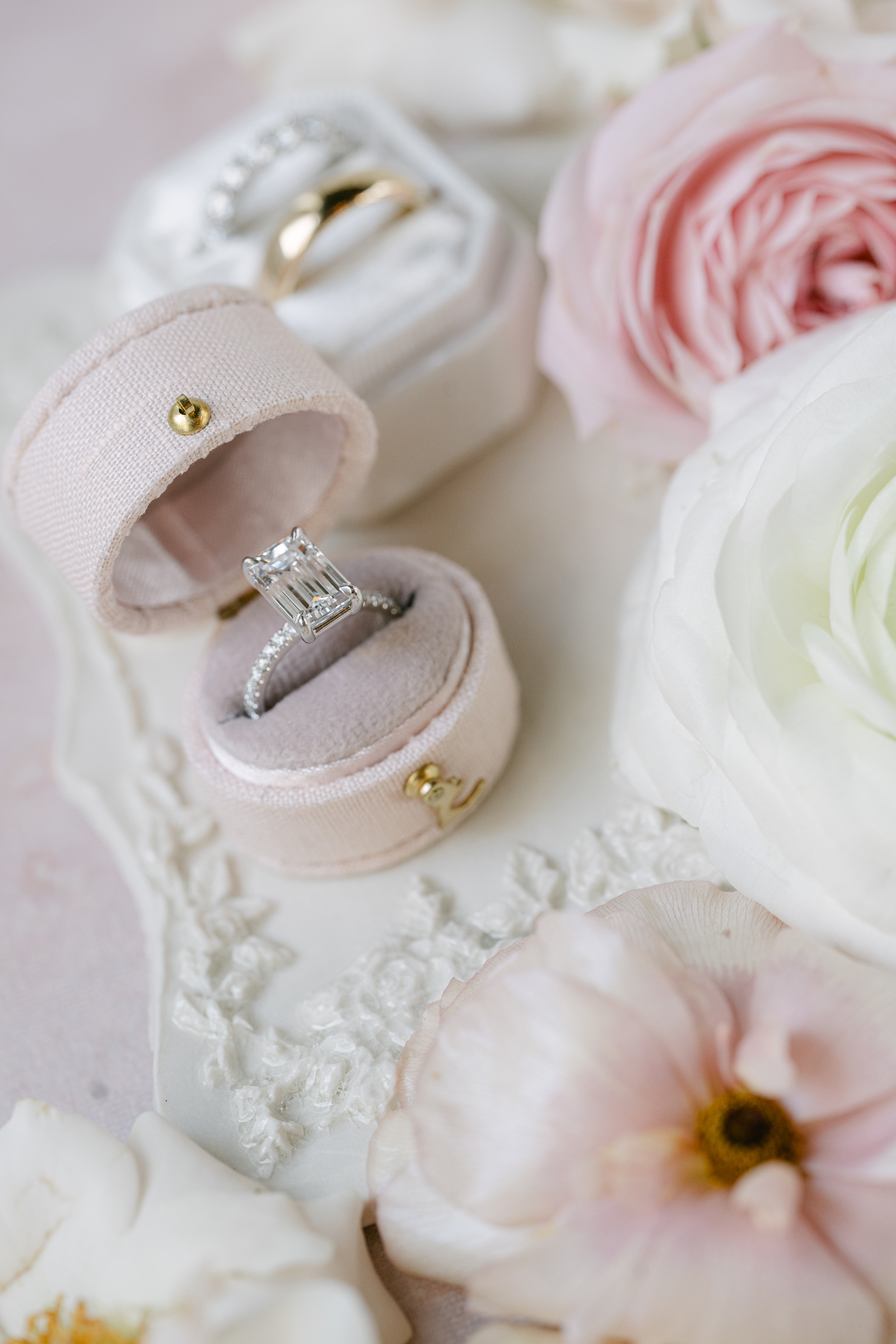 engagement ring with pink and neutral flowers