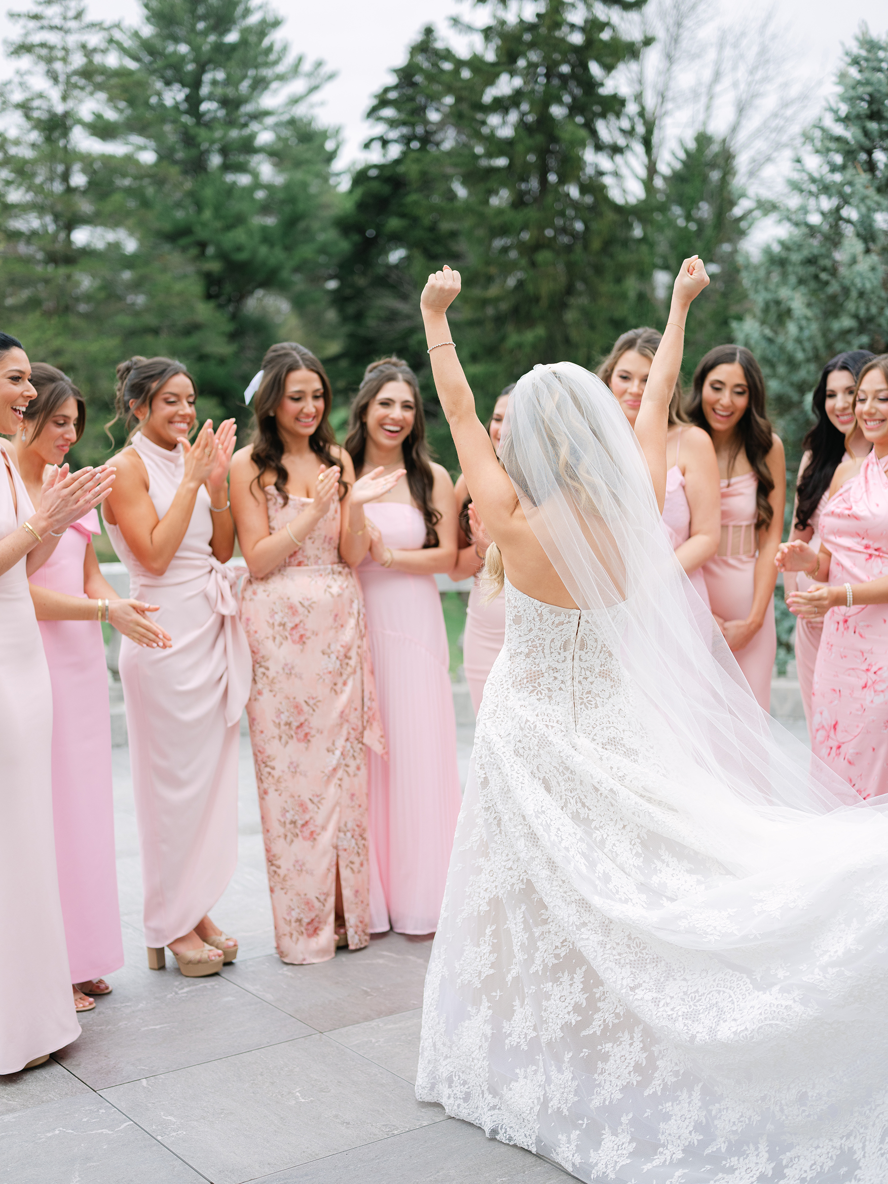 bride's first look with bridesmaids