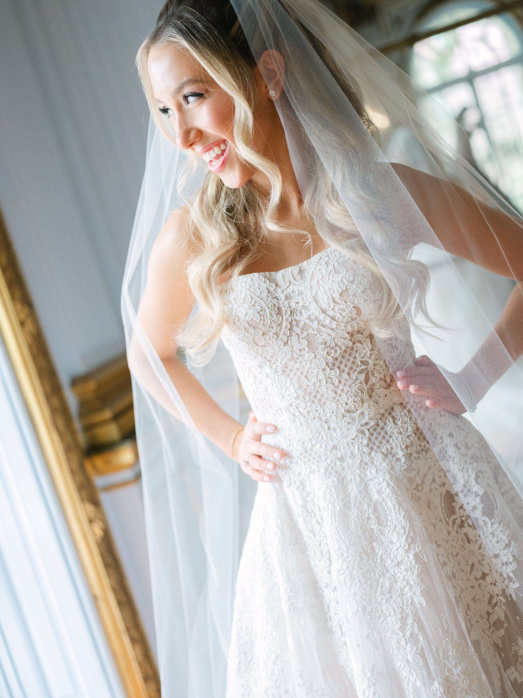 close-up of bride with corset lace top dress