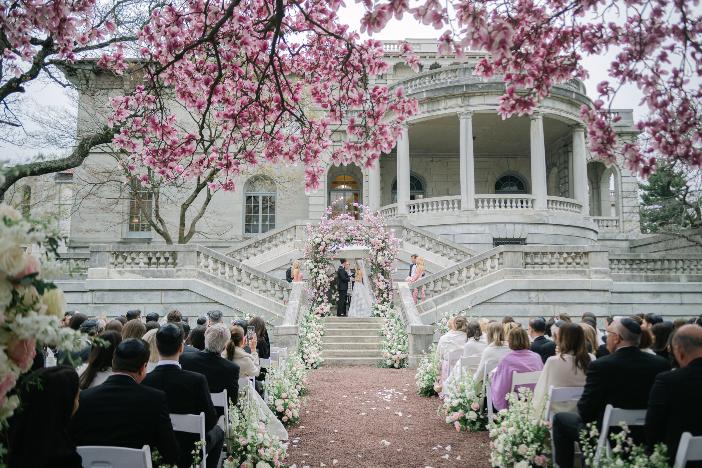 bride and groom at wedding ceremony altar