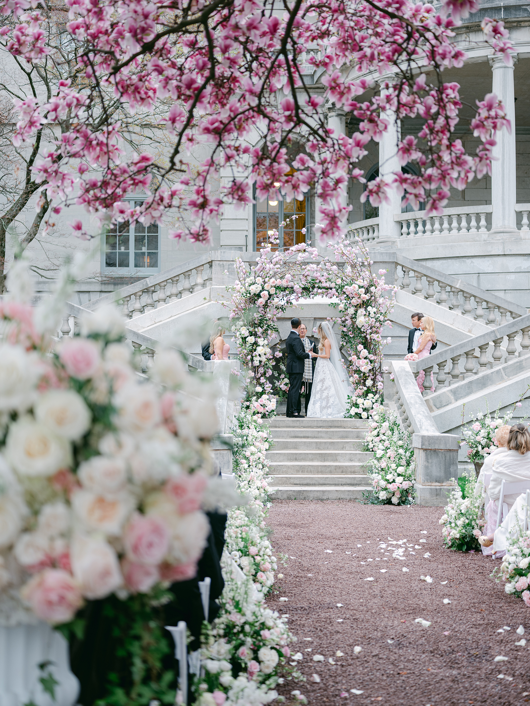 bride and groom at wedding ceremony altar