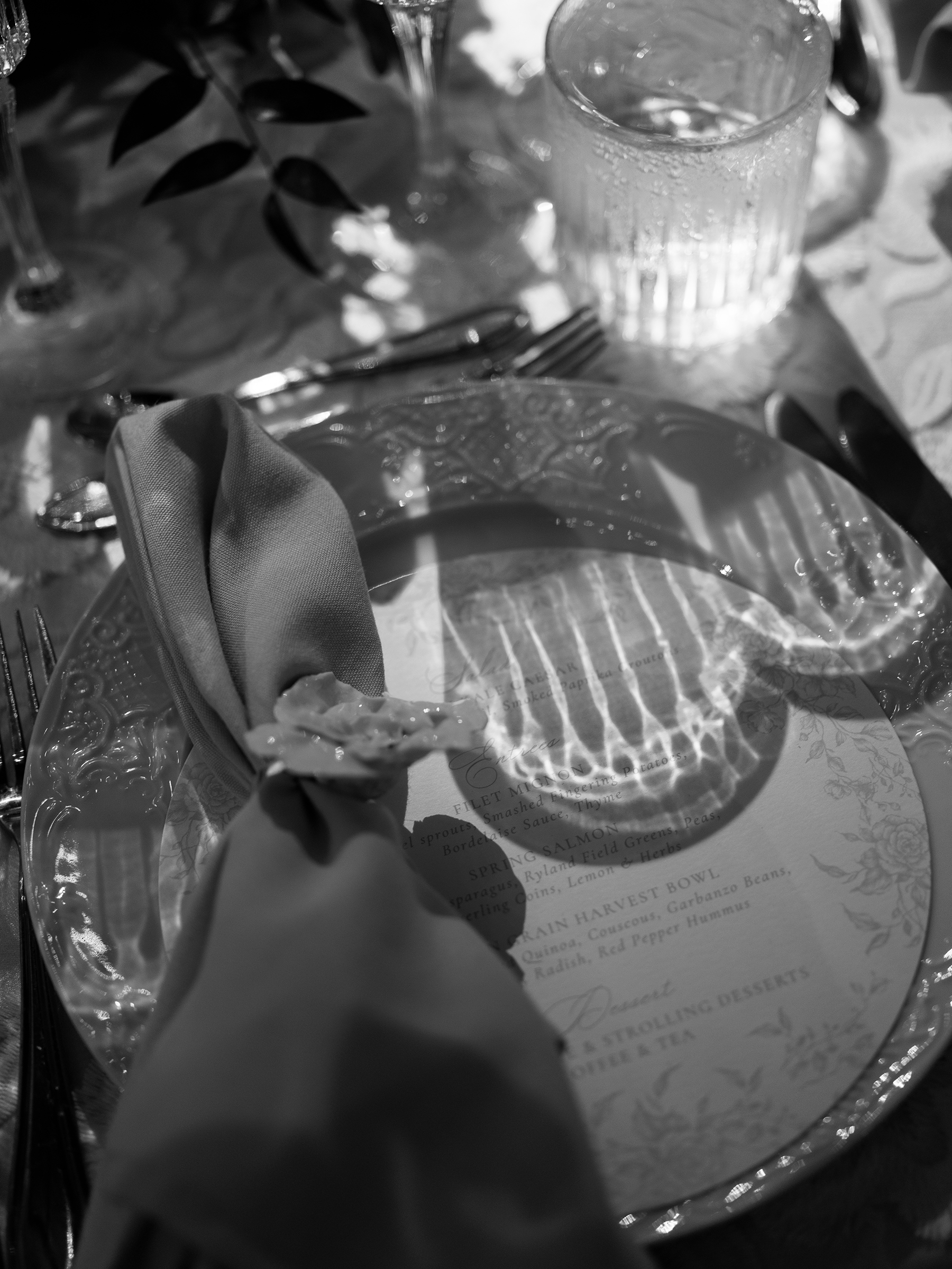 black-and-white close-up picture of wedding decor